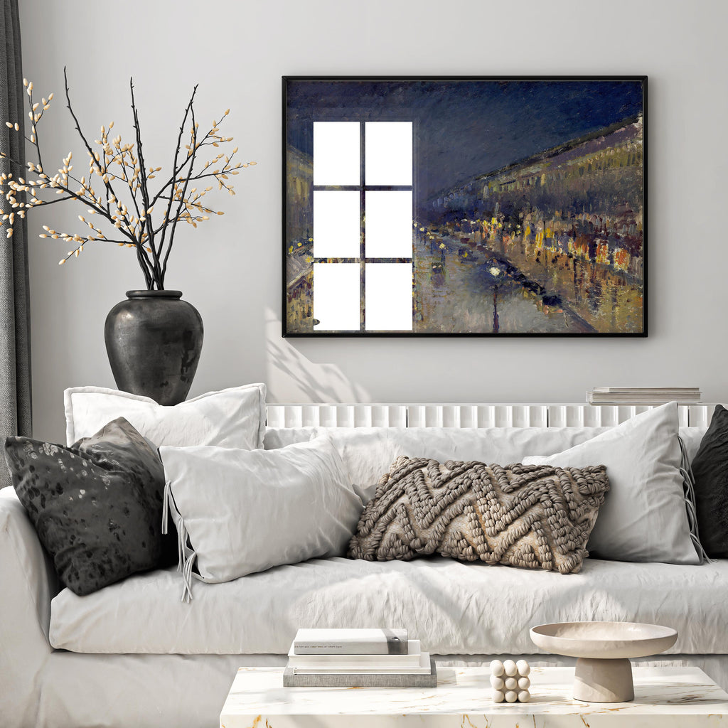 Framed Pissarro Boulevard Montmartre at Night fine art print displayed as elegant wall art in modern home interior, premium framed impressionist reproduction perfect for sophisticated room decor