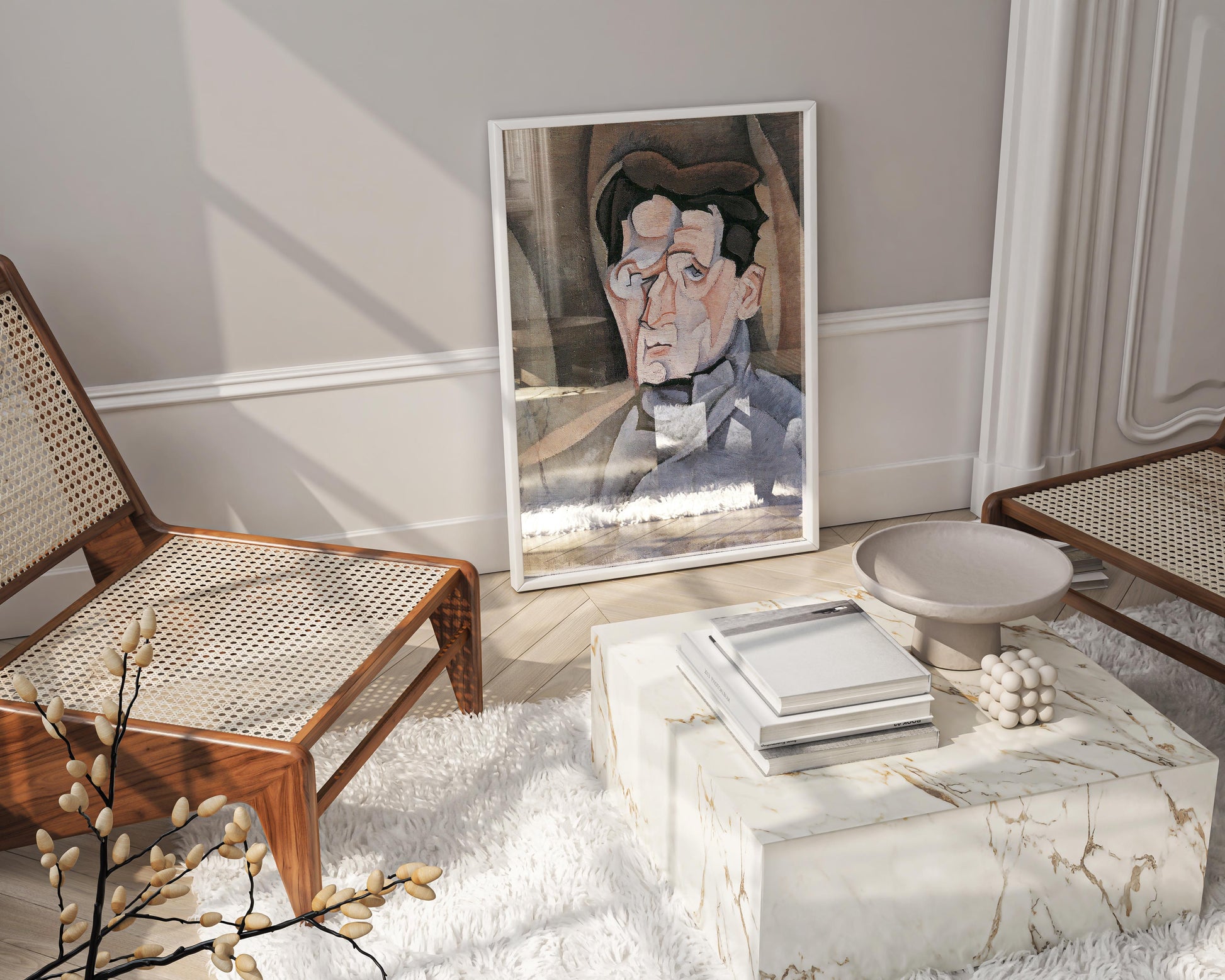 Framed fine art reproduction of Juan Gris' famous Cubist portrait - High-quality giclée print displayed as elegant wall art in stylish living room setting