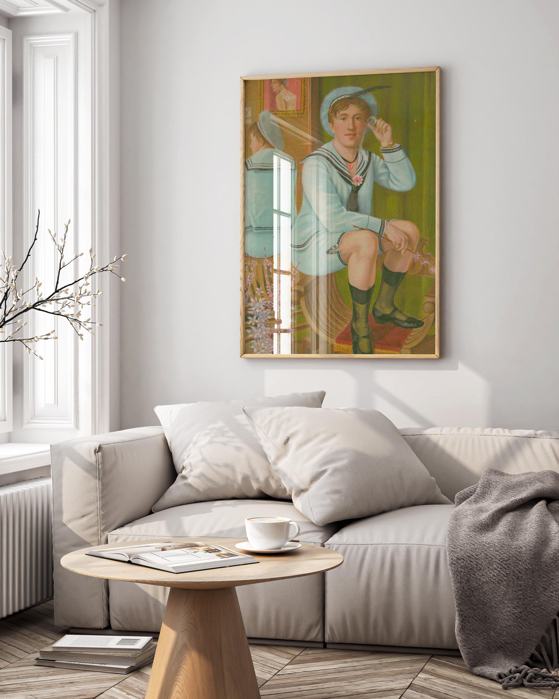 A stylish and modern living room decorated with high-end furniture and decor, featuring a striking framed fine art print of the Elisàr von Kupffer self-portrait, serving as a statement piece of wall art.