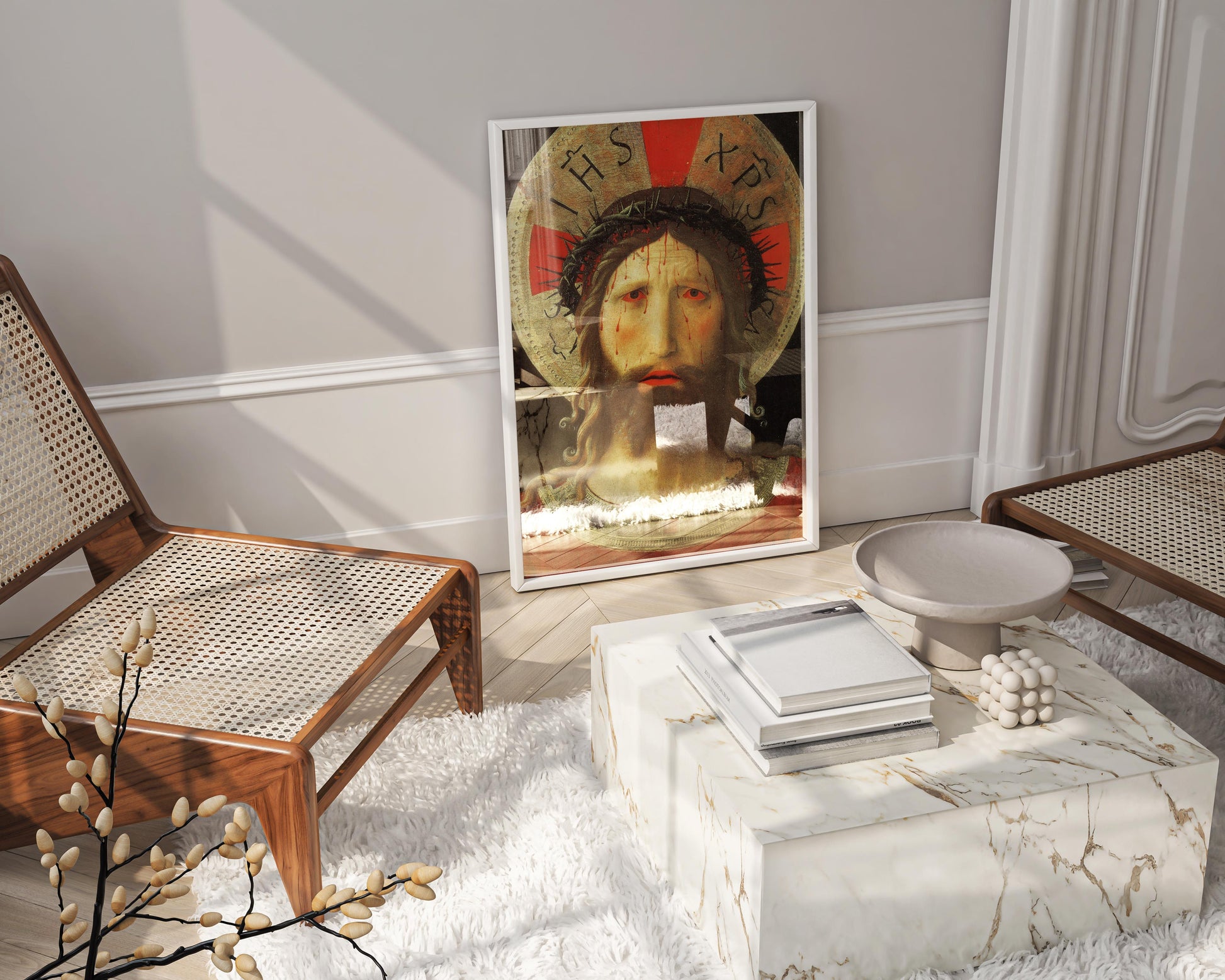 A framed Renaissance art print of Beato Angelico's painting, depicting the passion of Jesus, ready to hang.