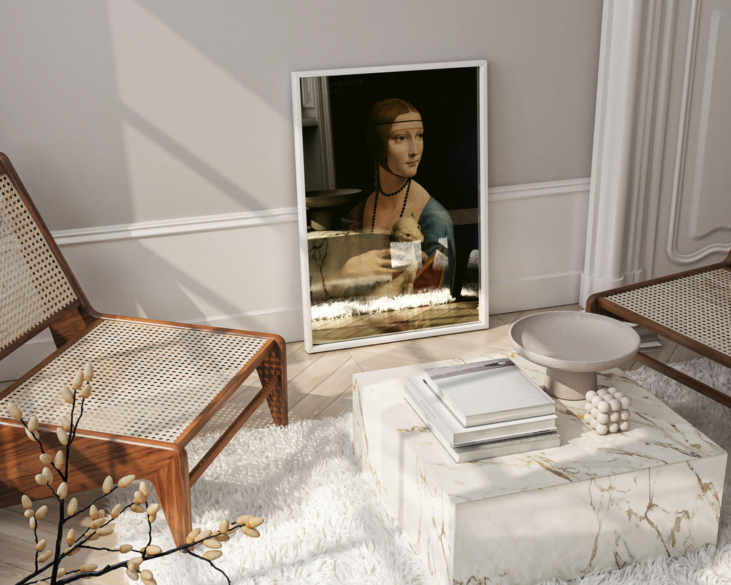Framed Leonardo da Vinci Lady with an Ermine art print on wall, Renaissance portrait reproduction, Italian fine art wall décor for living room