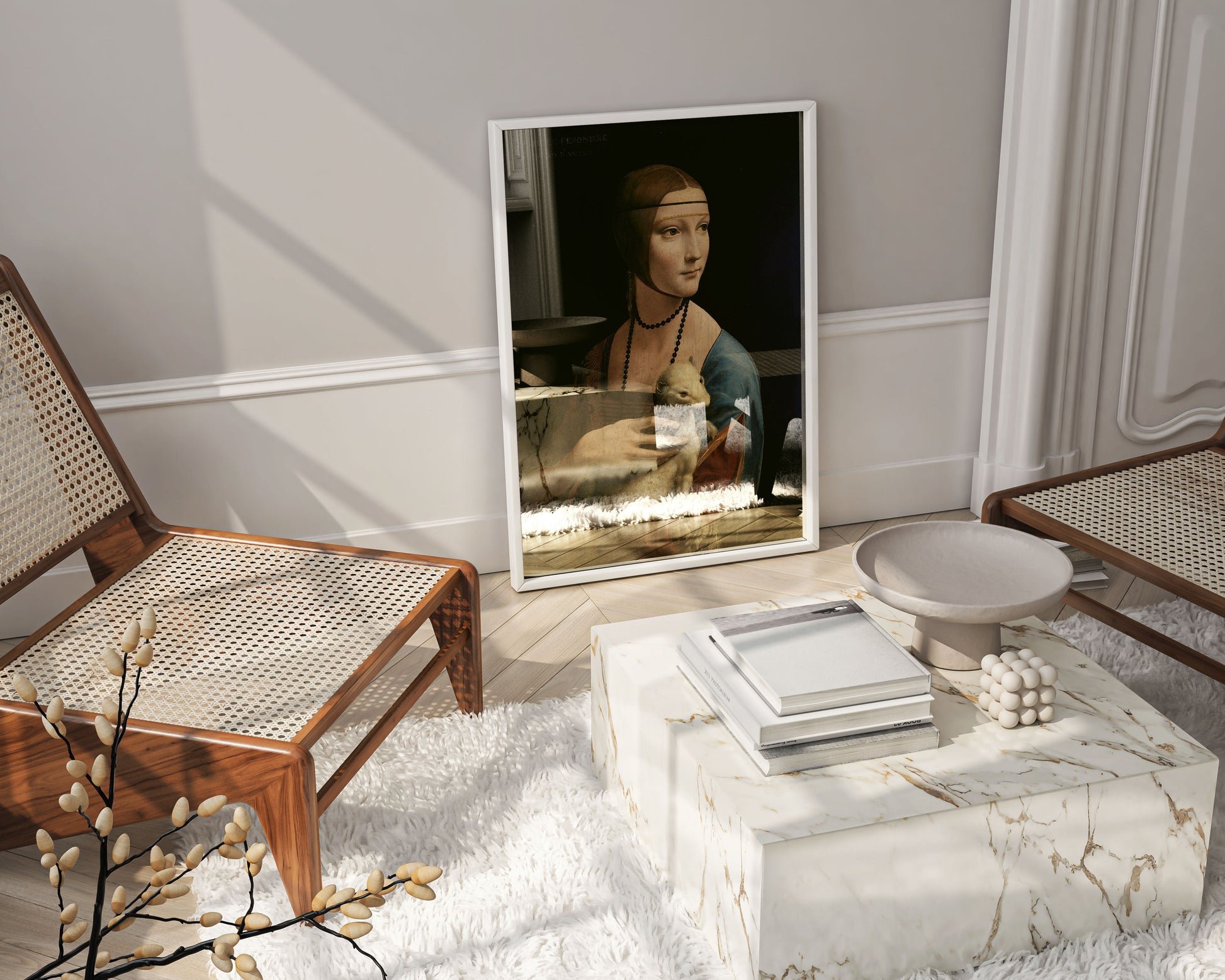 Framed Leonardo da Vinci Lady with an Ermine art print on wall, Renaissance portrait reproduction, Italian fine art wall décor for living room