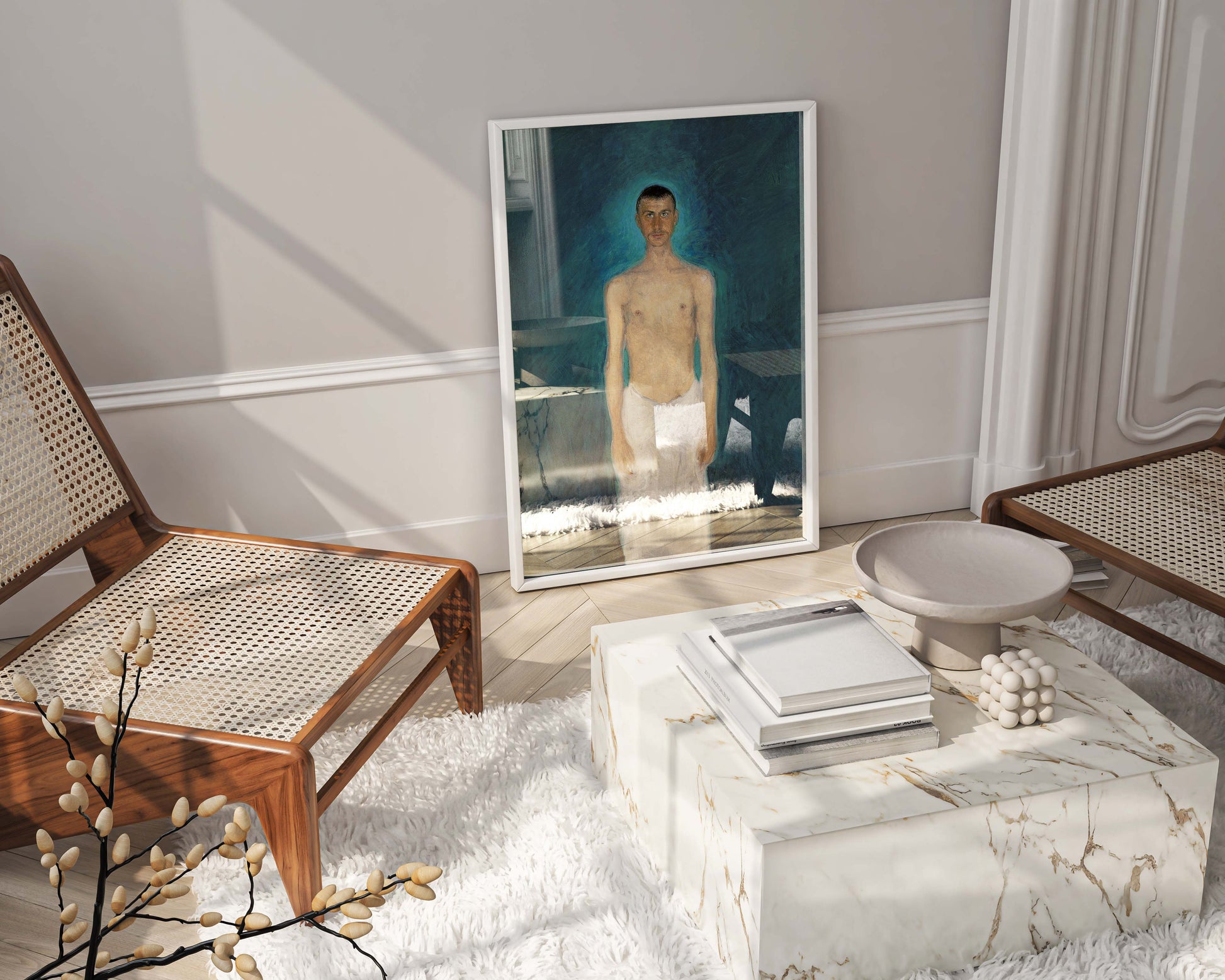 Framed Richard Gerstl Semi-Nude Self-Portrait art print displayed in a luxury living room – elegant fine art wall décor for sophisticated interiors