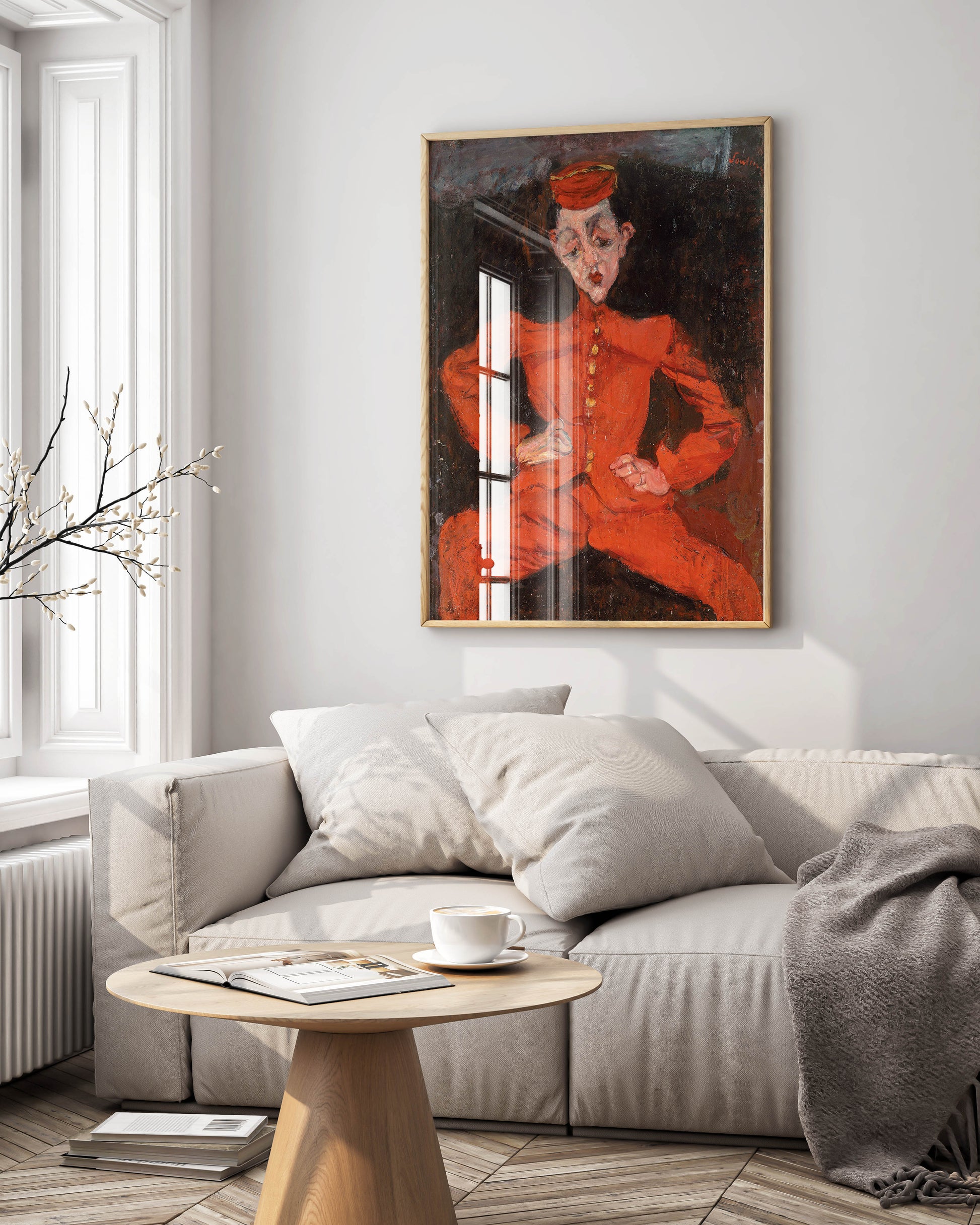 Framed fine art print of Chaim Soutine's Bellboy painting hanging as sophisticated wall decor - premium European Expressionist art for contemporary living spaces