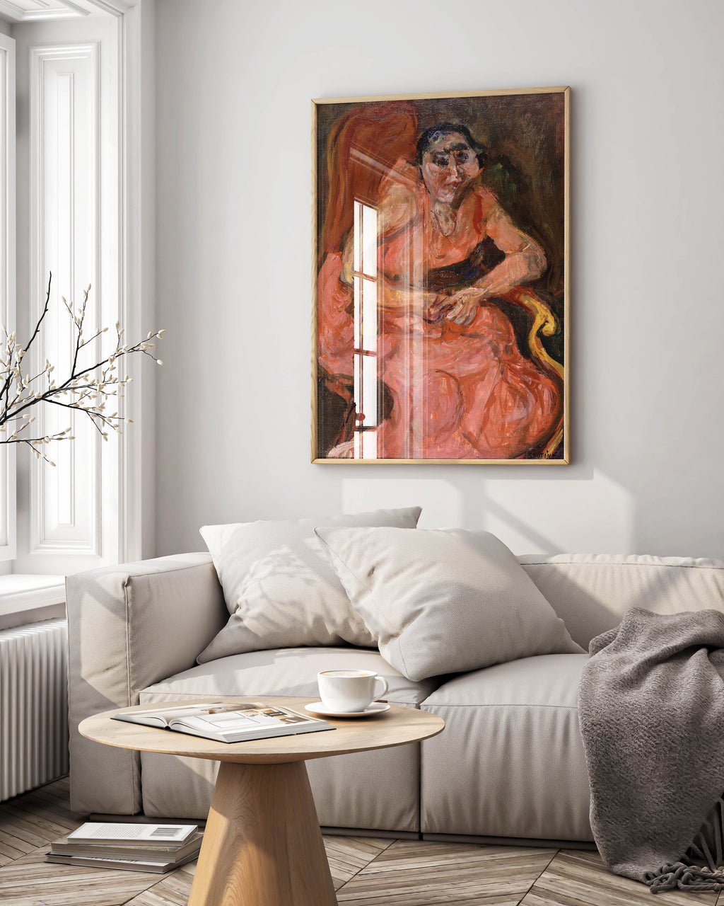 Framed fine art print of Chaim Soutine's Woman in Pink painting hanging as sophisticated wall decor - premium European Expressionist art for contemporary living spaces
