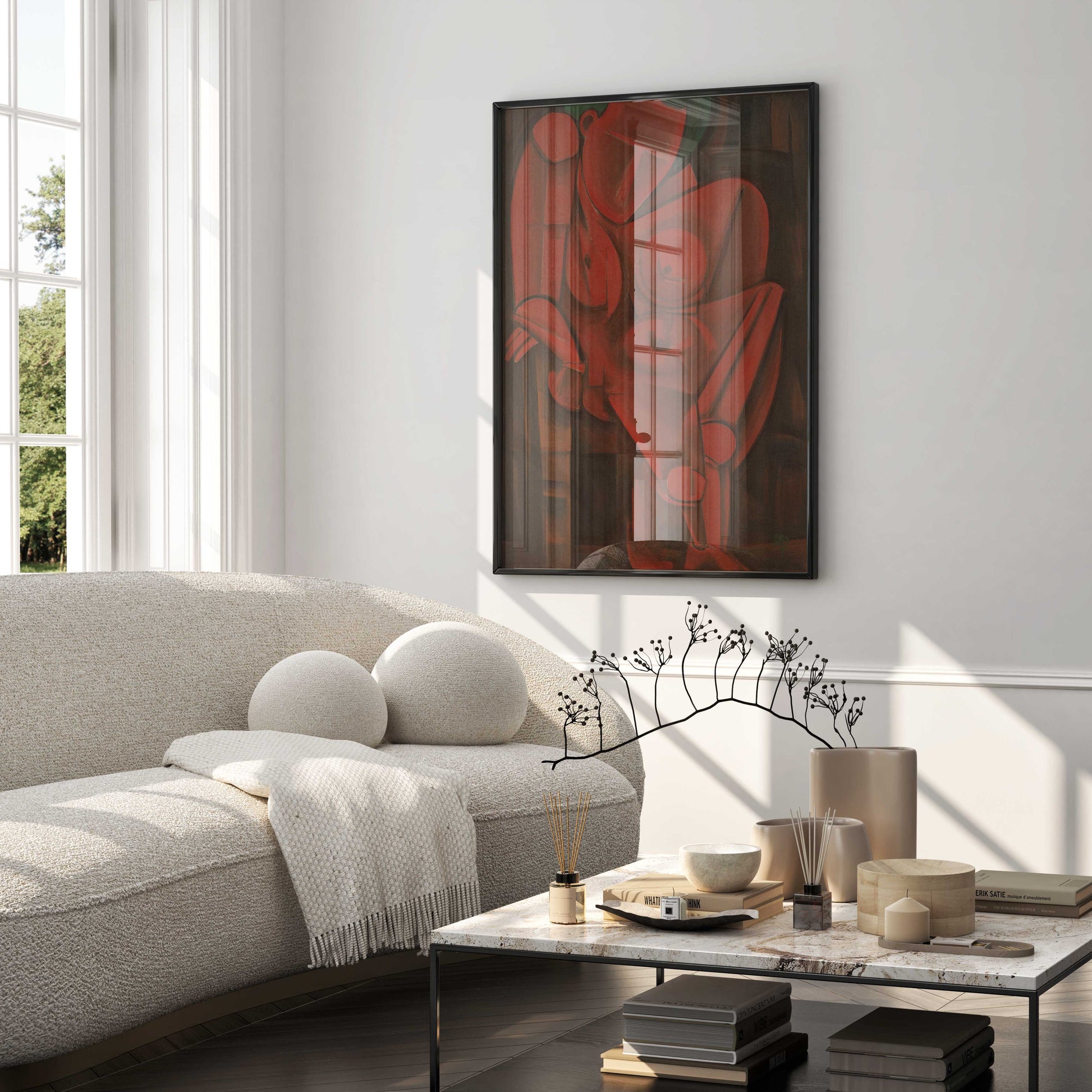 Framed Tetsugoro Yorozu Leaning Woman wall art print, ideal for modern home interior design.