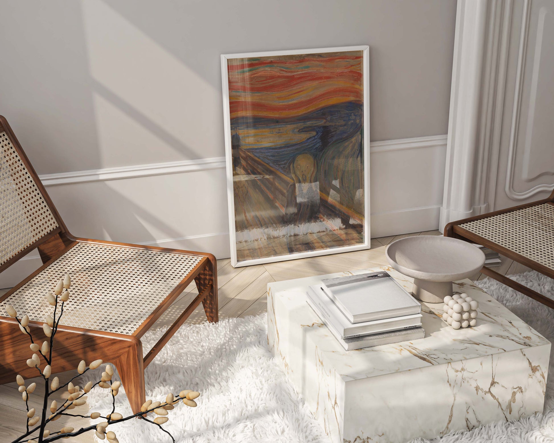 Framed Edvard Munch The Scream print styled as luxury wall art in a high-end living room interior