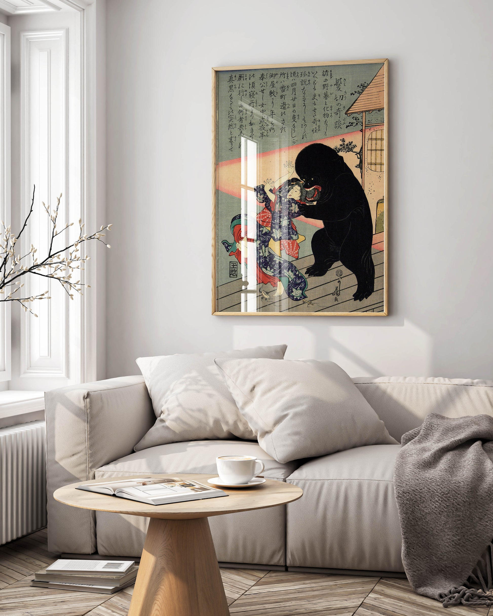 A framed Utagawa Yoshifuji fine art print of the "Hair-Cutting Yokai" masterpiece, showcased as luxury wall decor in a modern, stylish interior setting.