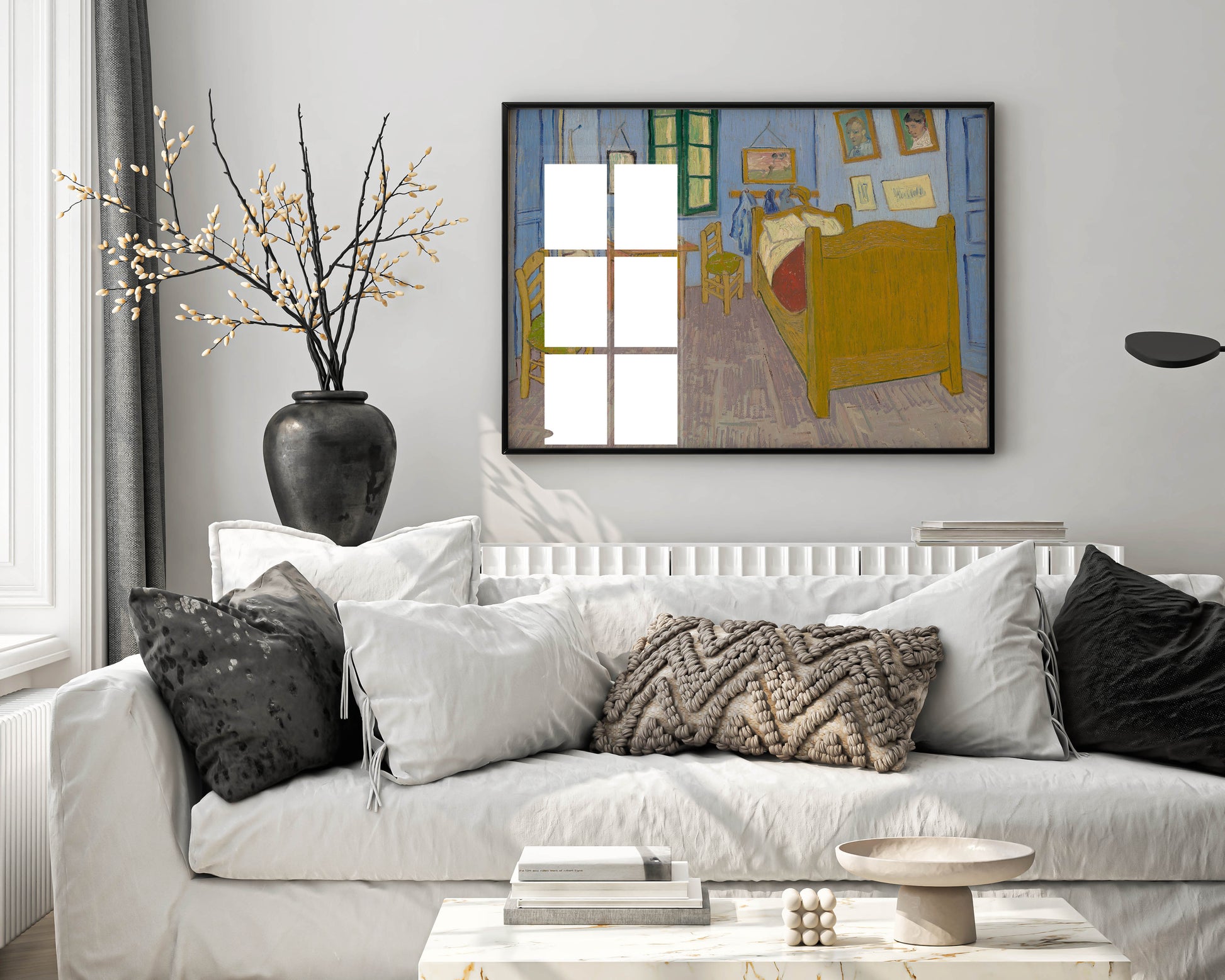 Framed Vincent van Gogh Bedroom in Arles art print displayed on wall showing premium Post-Impressionist wall art in contemporary home interior setting
