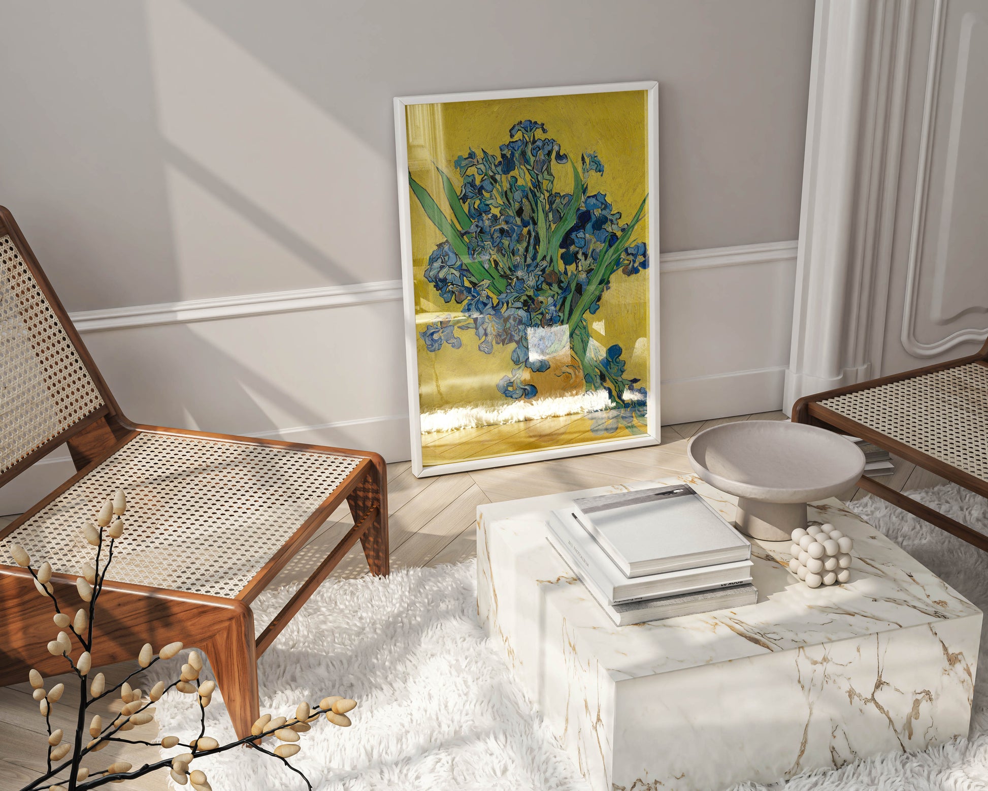 Close-up of a framed "Irises" art print by Vincent van Gogh, adding a sophisticated and colourful focal point to a luxury home interior.