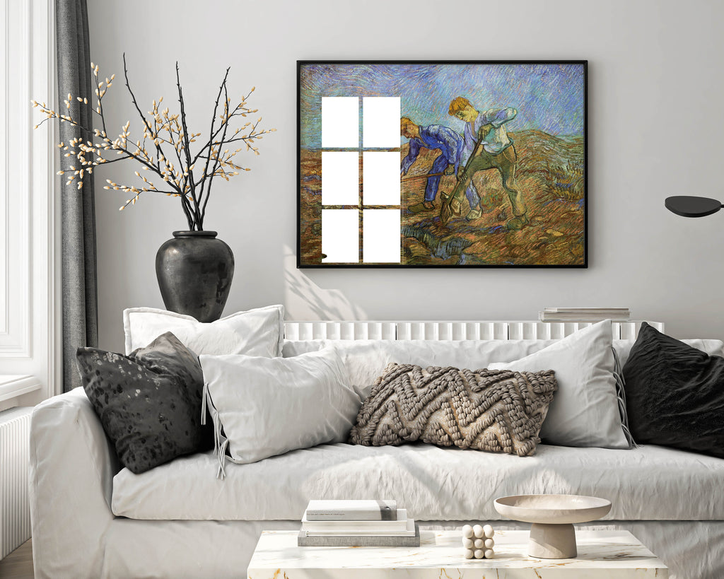 Framed Vincent van Gogh Two Peasants Digging art print displayed on living room wall, museum-quality giclée reproduction in modern frame, perfect statement wall art for contemporary home décor