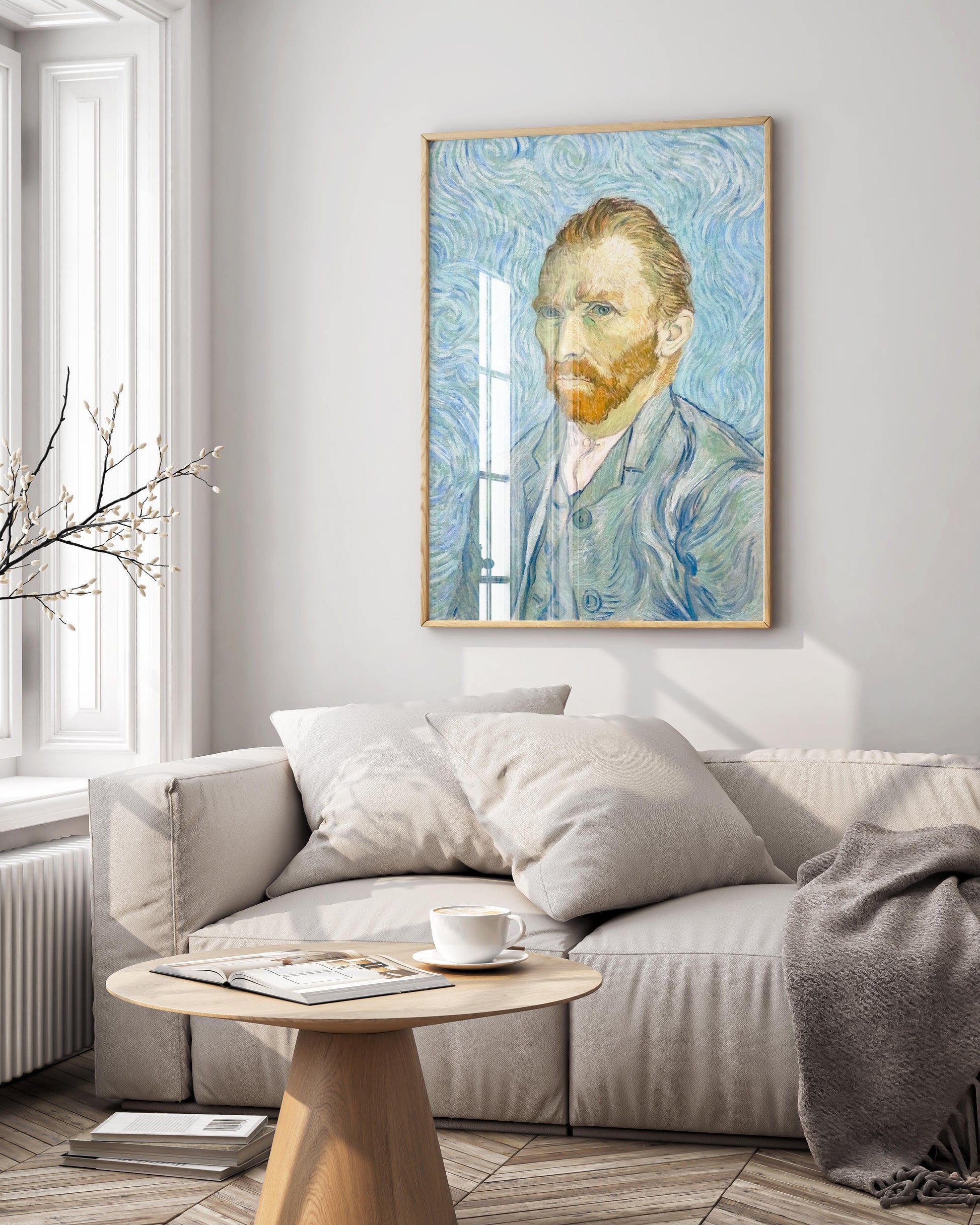 Framed Vincent van Gogh self-portrait art print displayed on wall showing premium Post-Impressionist wall art with swirling blue background in contemporary home interior setting