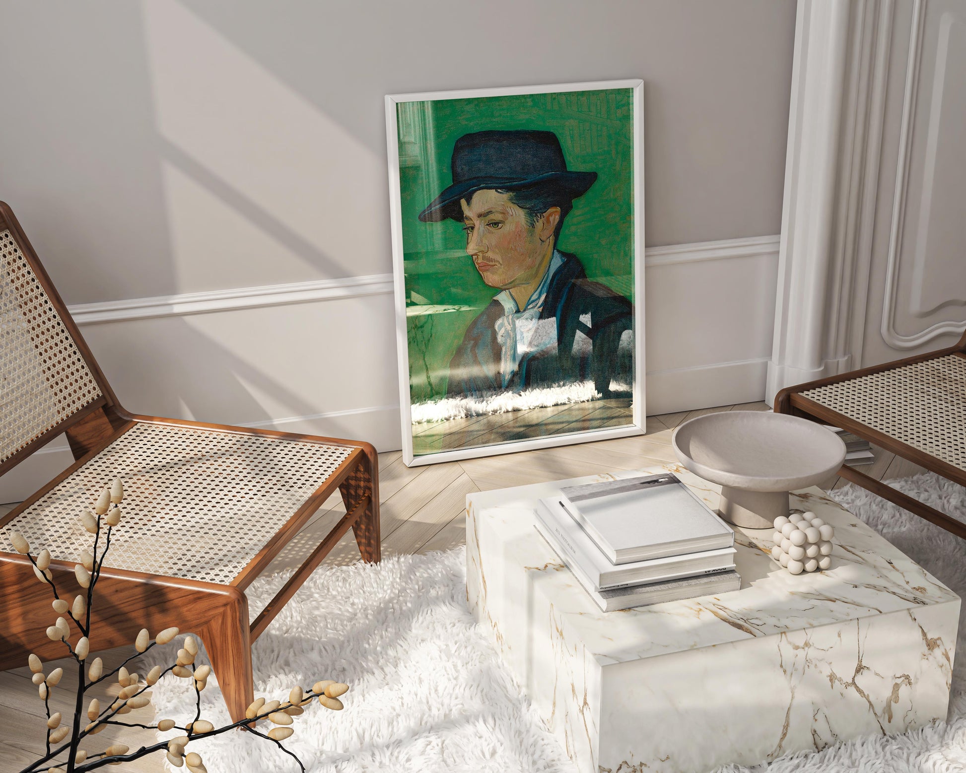 Framed Vincent van Gogh Portrait of Armand Roulin fine art reproduction hanging in contemporary interior setting, featuring 1888 Arles period masterpiece in stylish frame for sophisticated wall décor