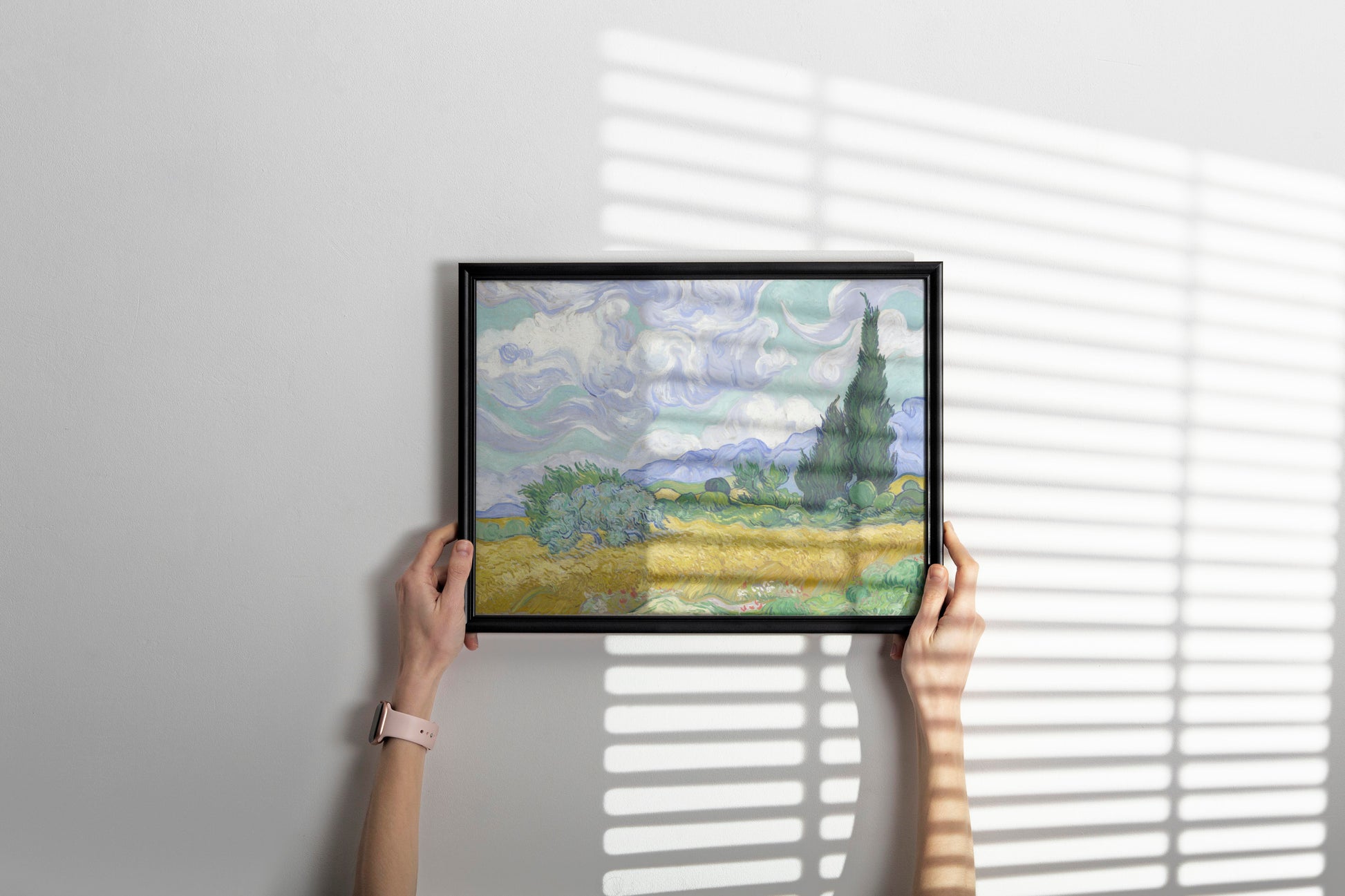 A close-up shot of a museum-quality framed Van Gogh giclée print, hanging in a beautifully designed living room, highlighting its use as luxury home decor.