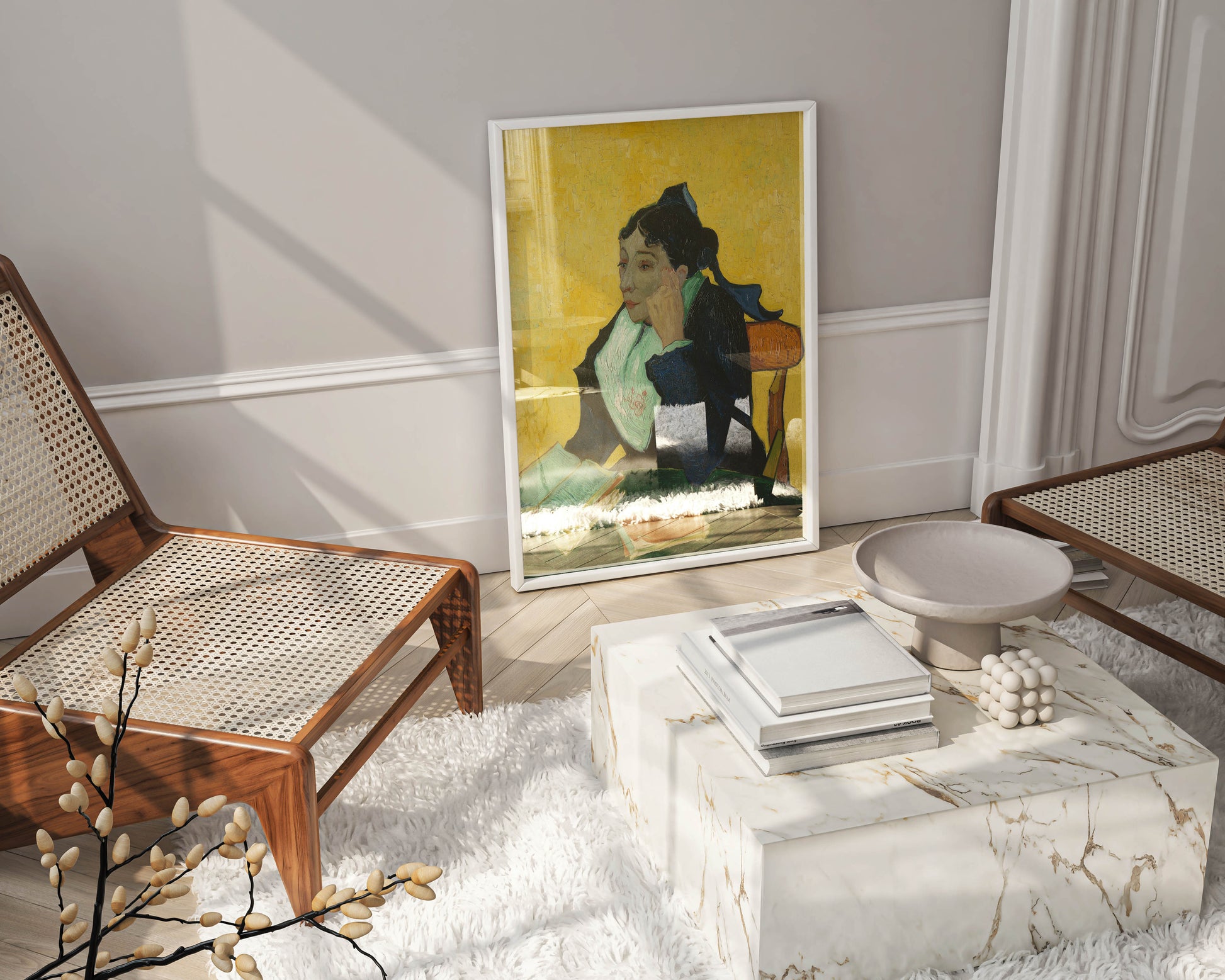 Framed Vincent van Gogh L'Arlésienne fine art reproduction hanging in contemporary interior setting, featuring 1888 Provençal portrait masterpiece in stylish frame for sophisticated wall décor