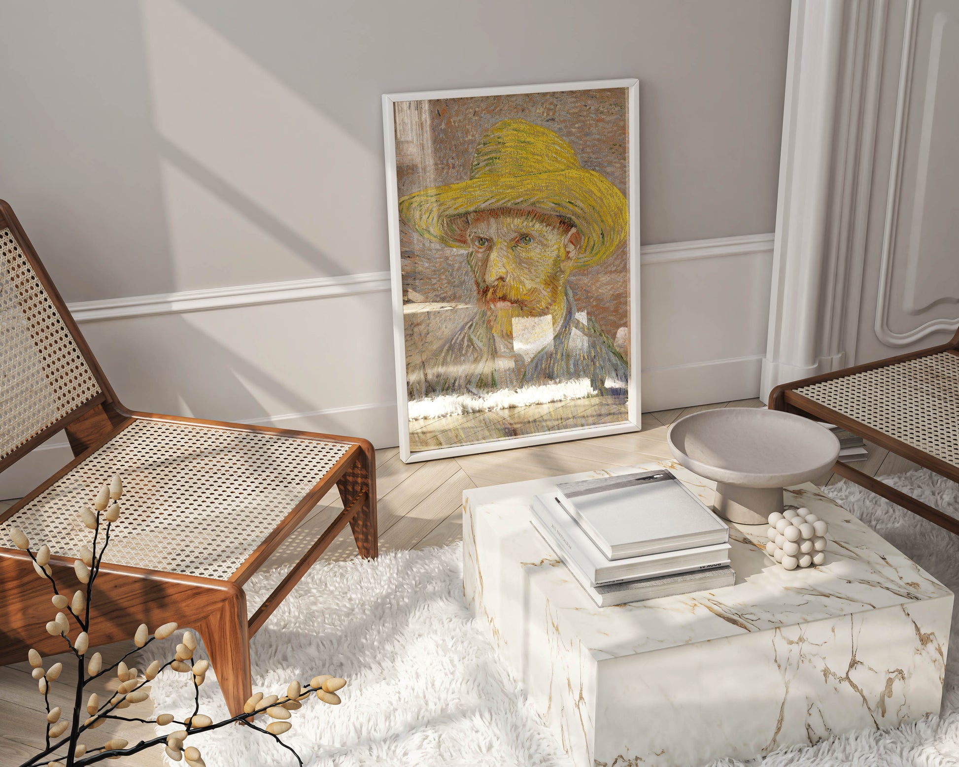 Framed Vincent van Gogh Self-Portrait with a Straw Hat fine art reproduction hanging in contemporary interior setting, featuring 1887 Paris period masterpiece in stylish frame for sophisticated wall décor