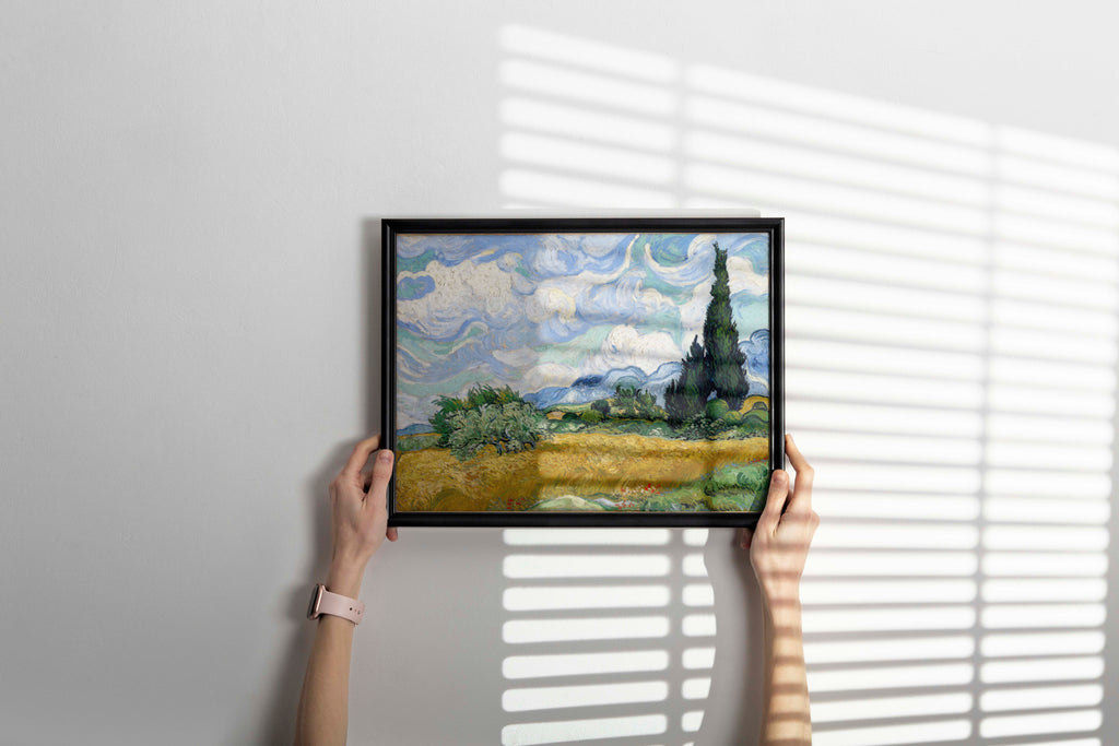 Van Gogh Wheat Field with Cypresses framed art print displayed on living room wall, showing golden wheat field landscape in elegant frame, premium wall art for modern home décor