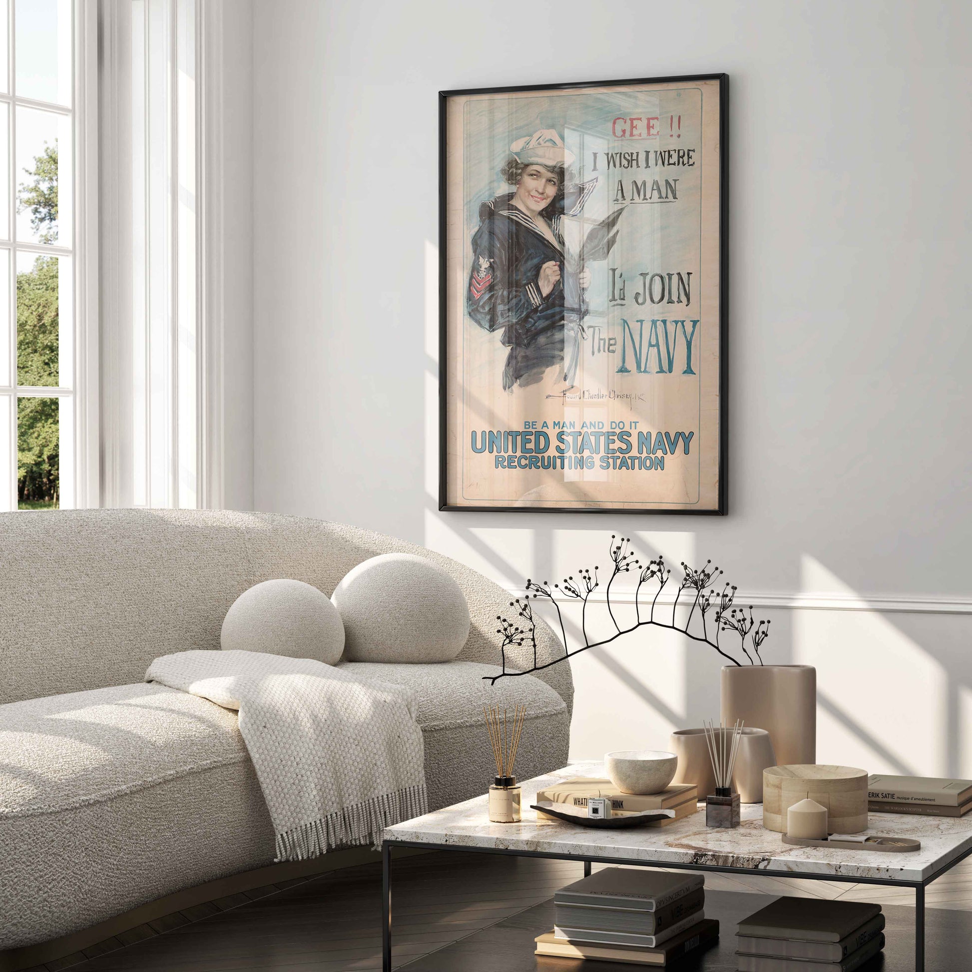 Framed vintage art print of Howard Chandler Christy’s Navy poster styled in a luxury interior design setting with elegant wall art décor.