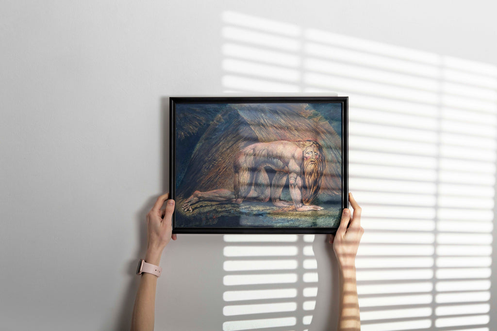 Framed fine art print of William Blake’s Nebuchadnezzar displayed as bold wall art in a modern interior