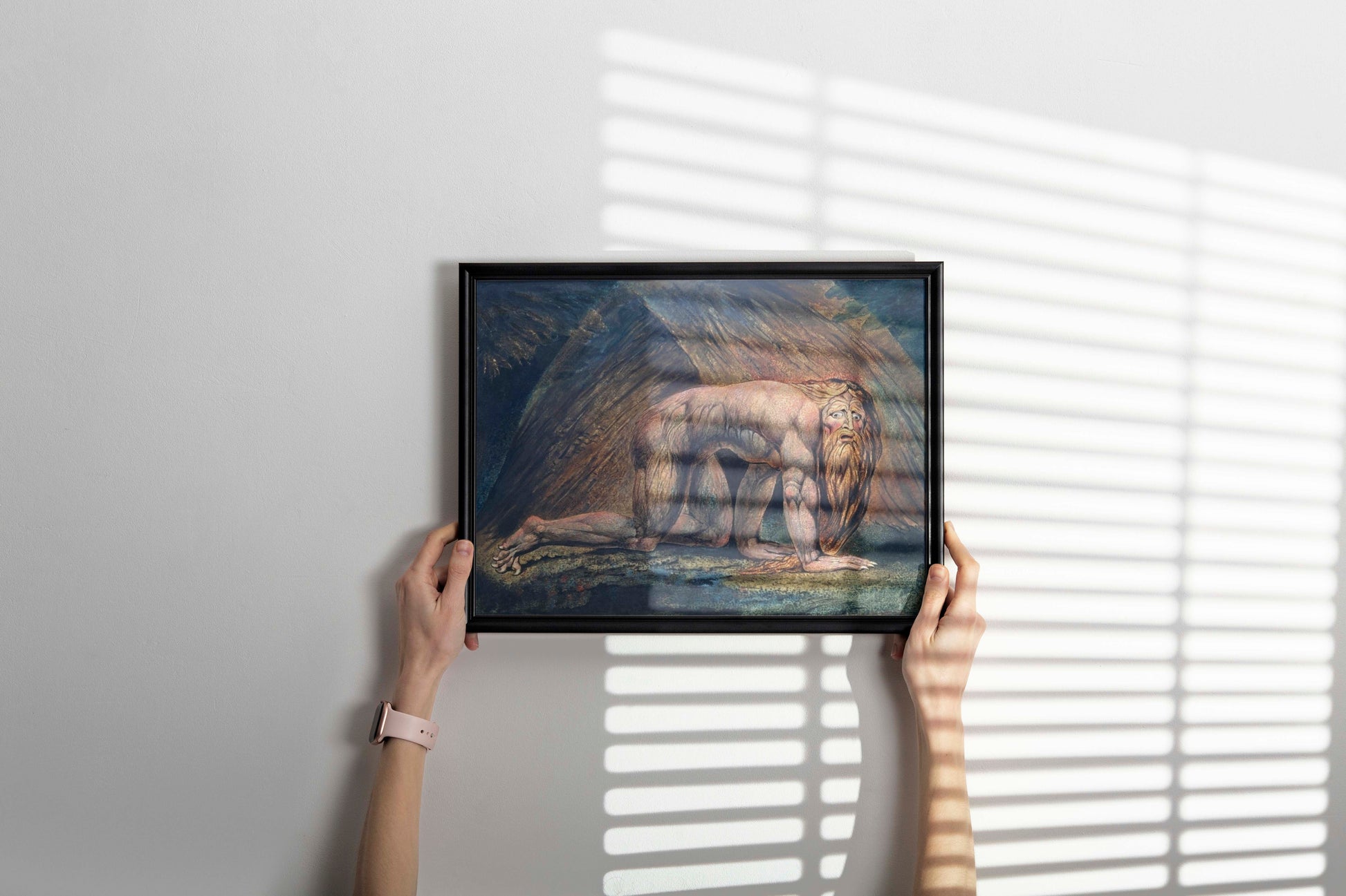 Framed fine art print of William Blake’s Nebuchadnezzar displayed as bold wall art in a modern interior