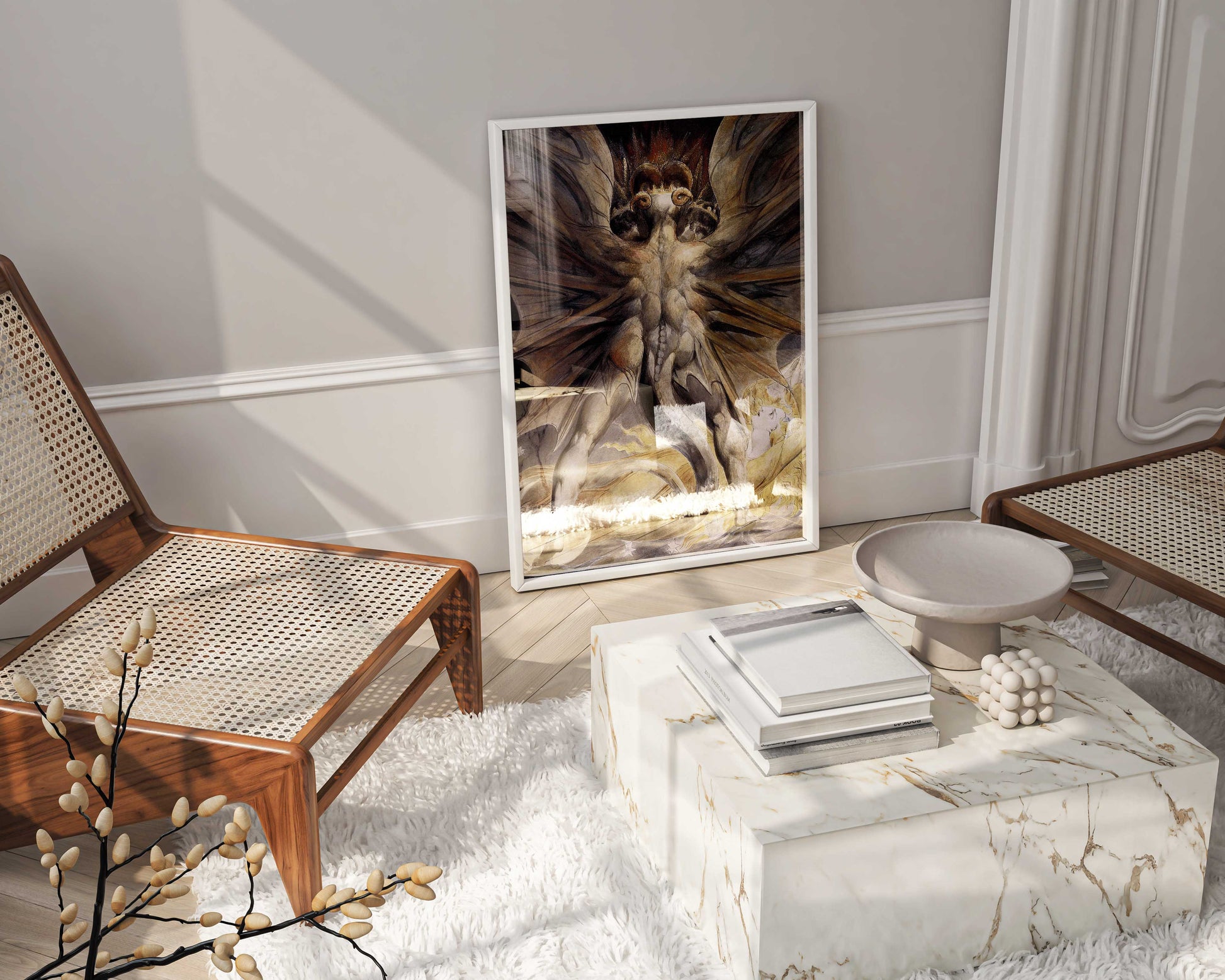 Framed William Blake The Great Red Dragon and the Woman Clothed with the Sun fine art print, displayed as elegant wall decor, perfect for sophisticated living spaces.