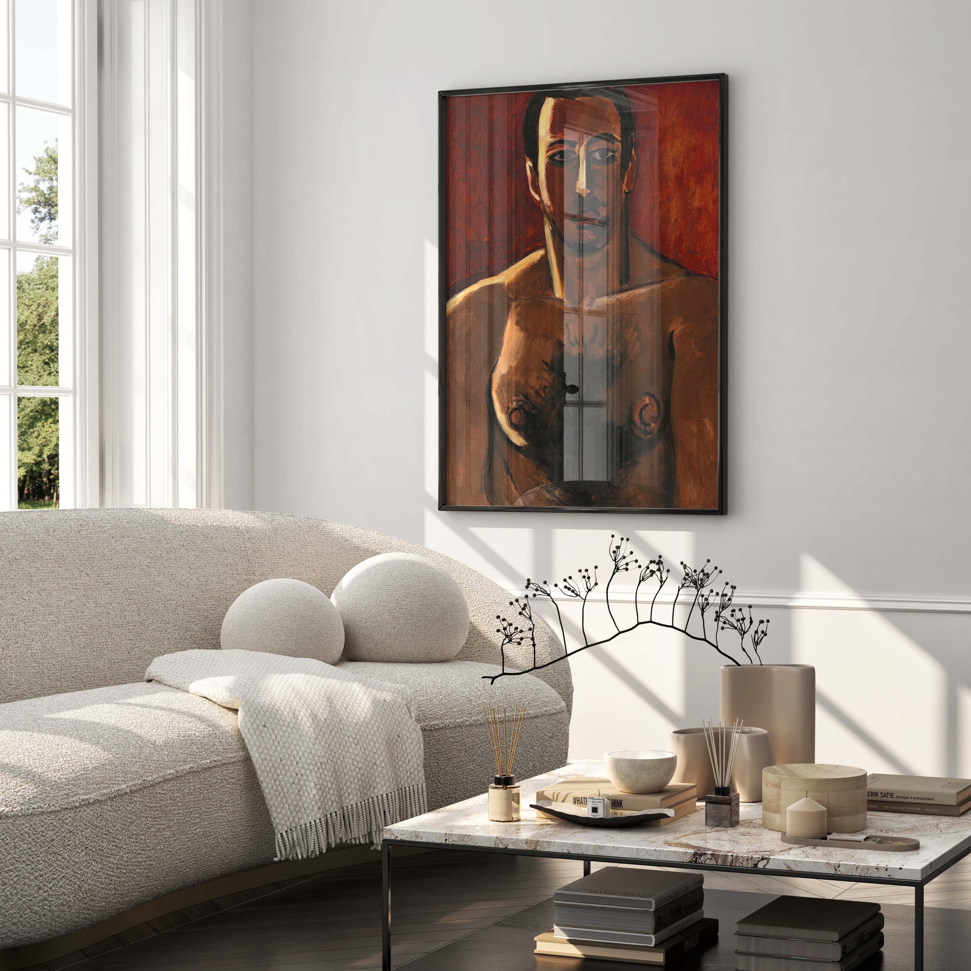 A Marsden Hartley fine art print of "Madawaska, Acadian Light-Heavy, Third Arrangement" professionally framed and displayed as a focal point in a luxurious living room.