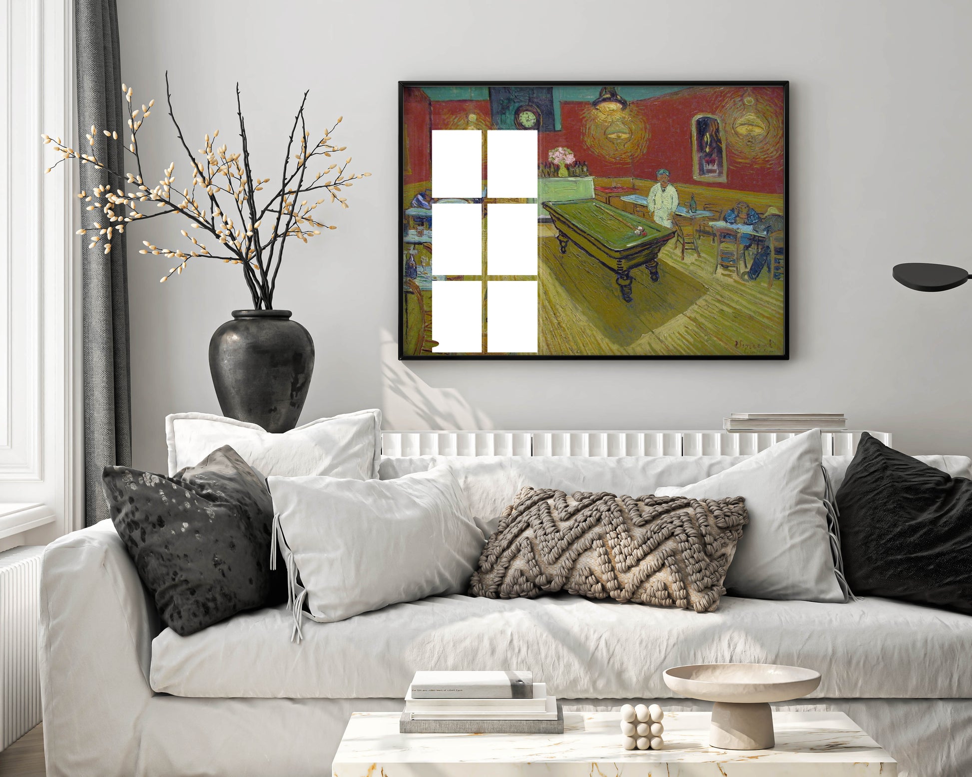 A framed fine art print of Vincent van Gogh's "The Night Café" hanging on a wall, showcasing the painting as a striking piece of home decor.