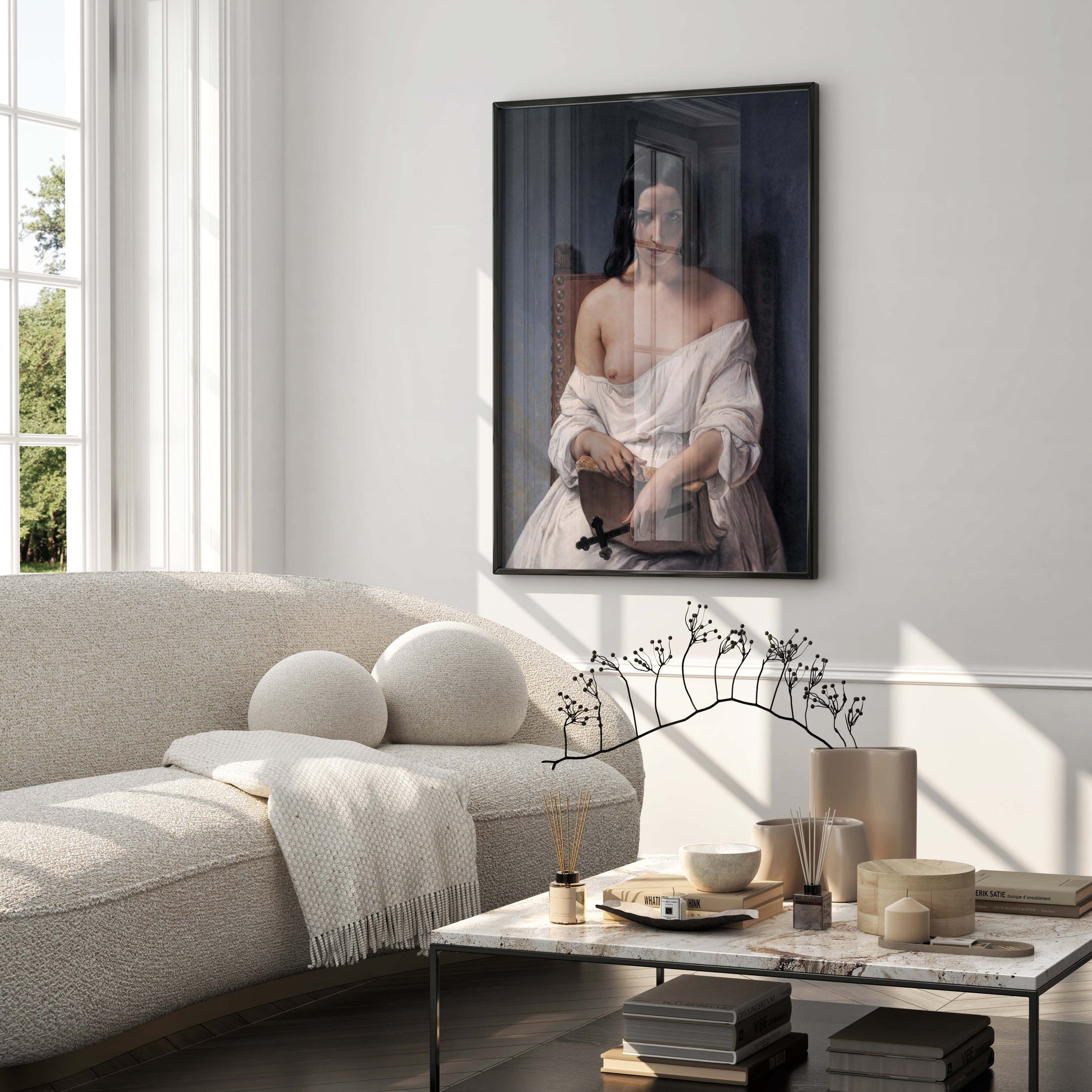 A framed print of Francesco Hayez's 'La Meditazione' hanging on a wall in a luxurious, modern living room with elegant furniture.