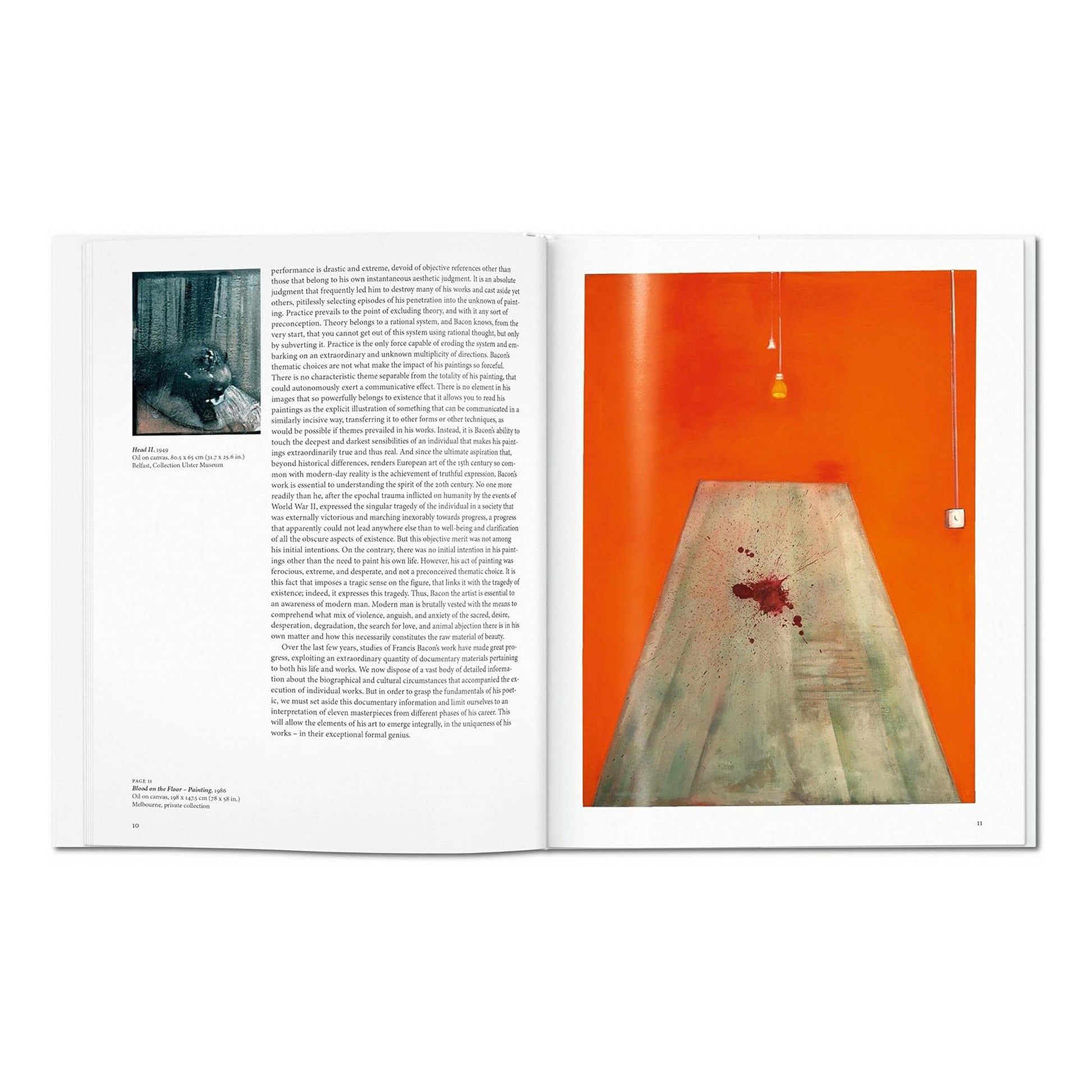 Interior page from the Francis Bacon Taschen art book, showing the painting "Blood on the Floor" and descriptive text.