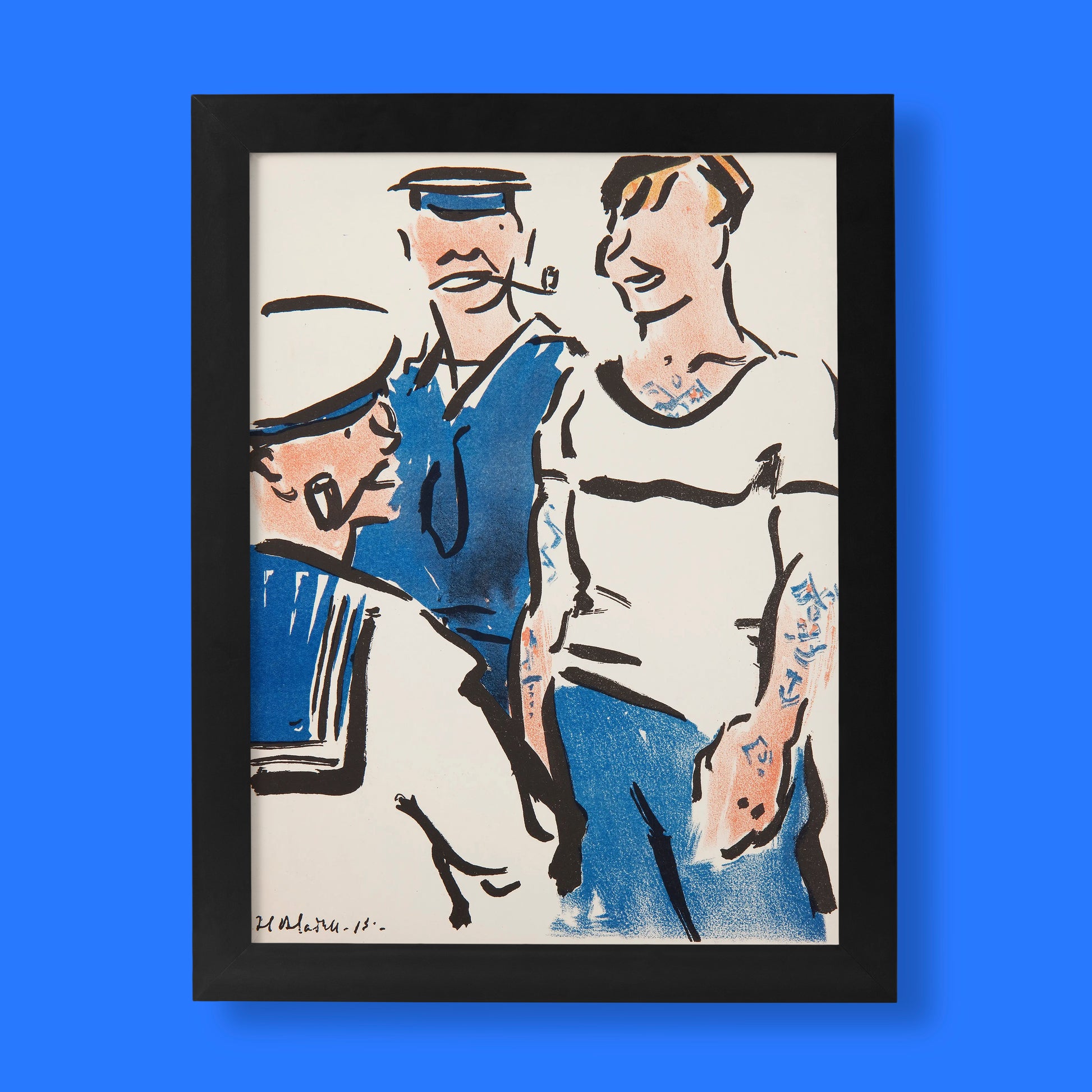 Francis Campbell Boileau Cadell Jack and Tommy lithograph print featuring three figures in blue tones, Scottish Colourist fine art print for wall decor