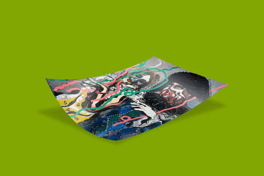 Picabia carnival art print showing masked figures with vibrant streamers, premium wall art poster, 12-colour giclée printing on FSC paper
