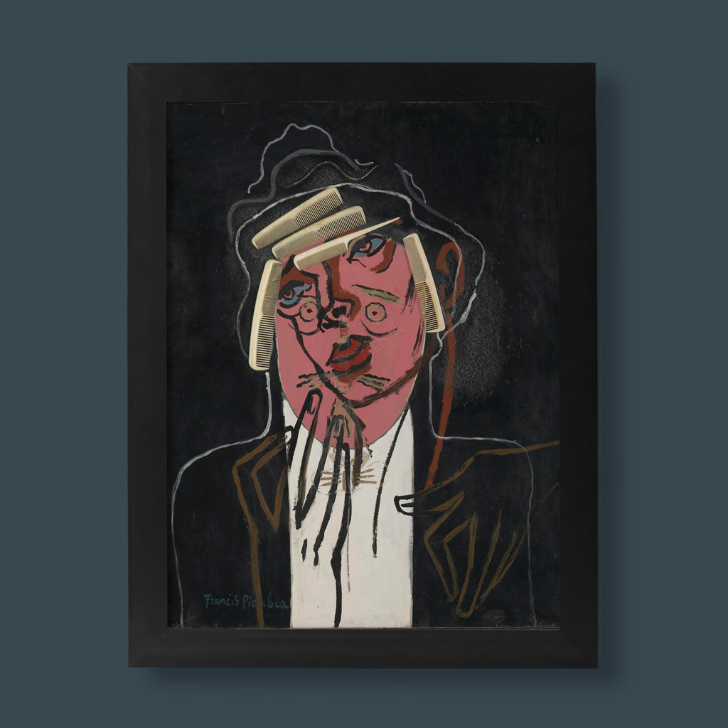 Francis Picabia The Handsome Pork-Butcher fine art print featuring stylised male figure with combs on dark background, museum quality wall art reproduction