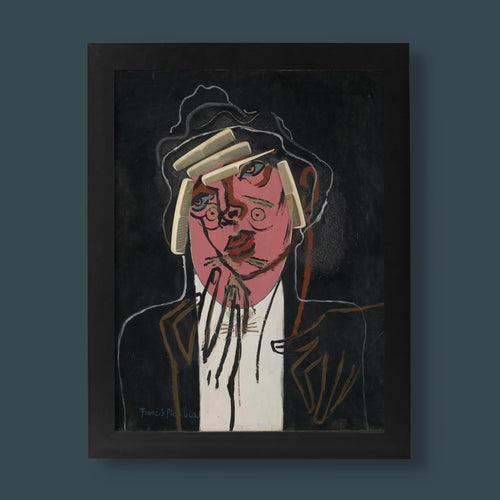 Francis Picabia The Handsome Pork-Butcher fine art print featuring stylised male figure with combs on dark background, museum quality wall art reproduction