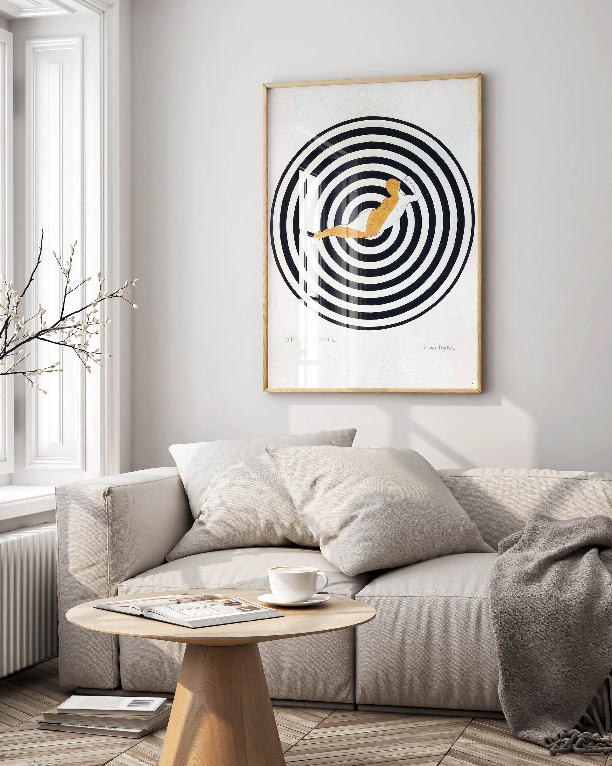 Francis Picabia Optophone framed art print with black and white concentric circles displayed on modern wall, premium framed wall art for contemporary home decor