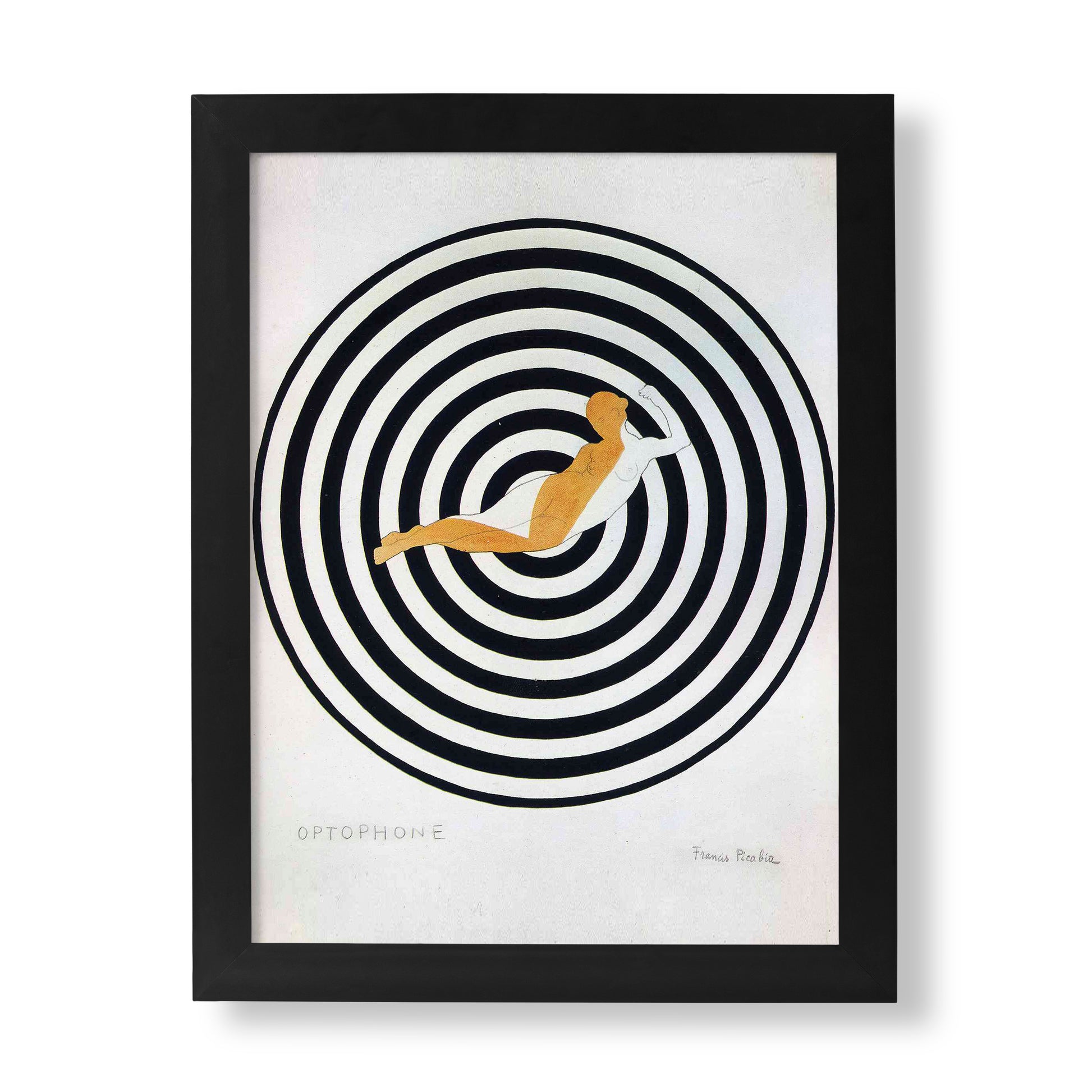 Francis Picabia Optophone fine art print featuring black and white concentric circles with ochre reclining figure, 1922 Dada masterpiece wall art