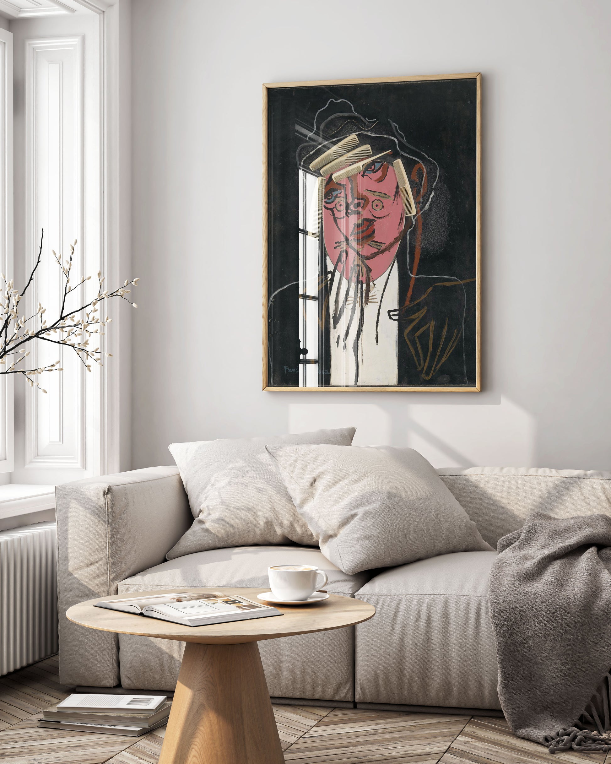 Francis Picabia The Handsome Pork-Butcher framed art print on living room wall, Dada museum quality poster in black frame, contemporary home decor