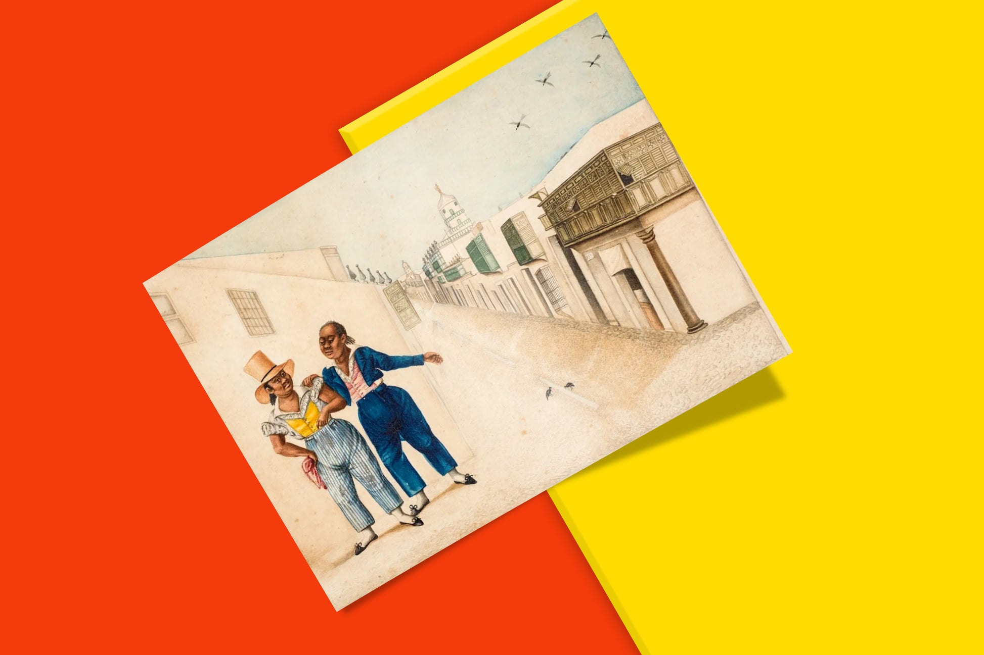 A fine art poster depicting a historical scene of two men in a street in Lima, showcasing the rich cultural and LGBTQ+ history of Peru.