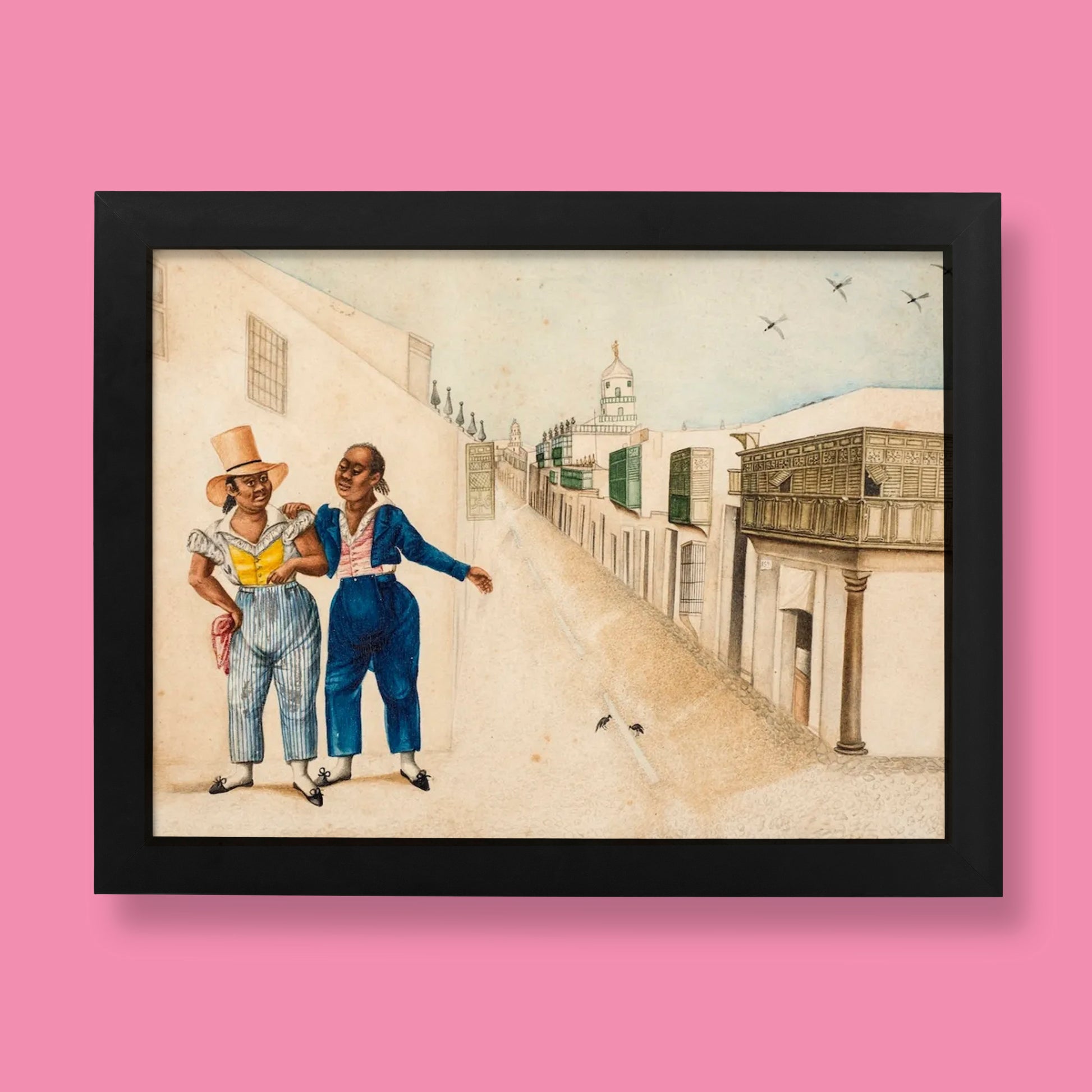 A high-resolution giclée print of Francisco Javier Cortés's 19th-century queer art, depicting Juan José Cabezudo, an Afro-Peruvian cross-dresser, and a friend in Lima.