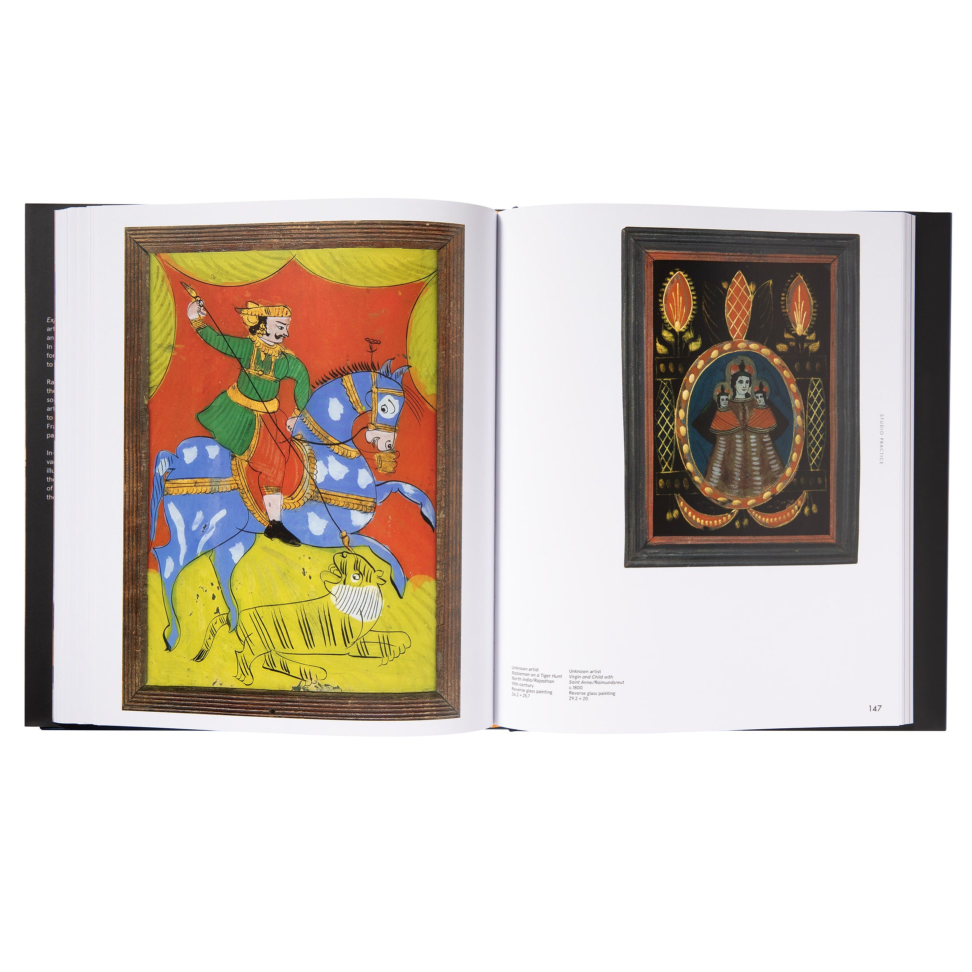 An open spread in the 'Expressionists' book showing a vibrant folk-art style painting of a person on a blue horse on one side, and a circular painting on the other, representing the diverse styles within The Blue Rider group.