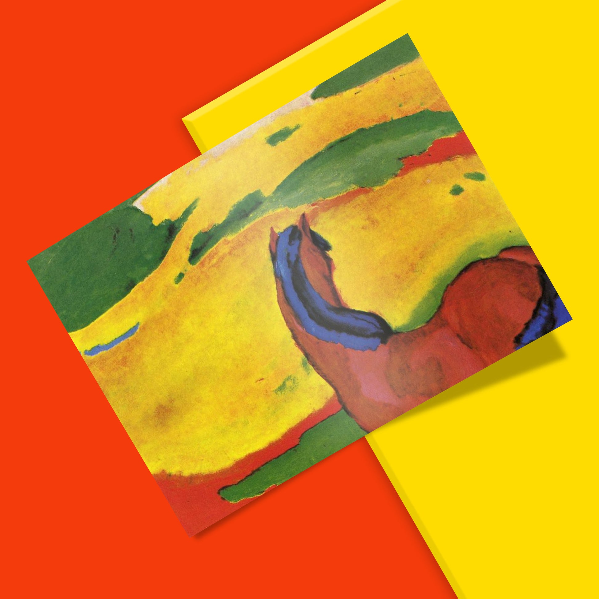 Close up detail of Franz Marc expressionist horse art print showing bold colour blocking and vivid pigments in museum quality reproduction