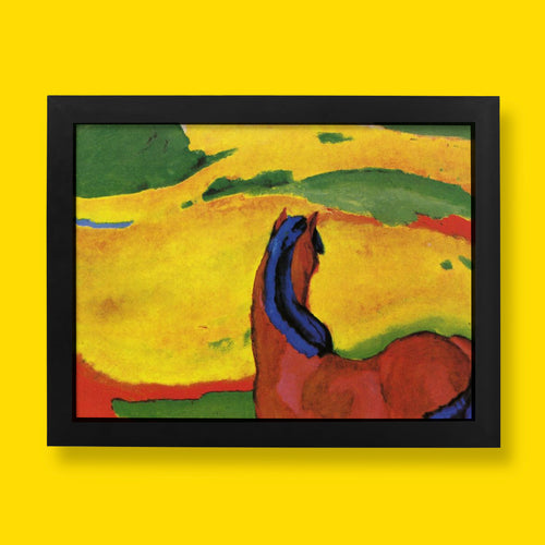 Franz Marc Horse in a Landscape 1910 fine art print featuring purple horse with blue mane against vibrant yellow red and green expressionist landscape