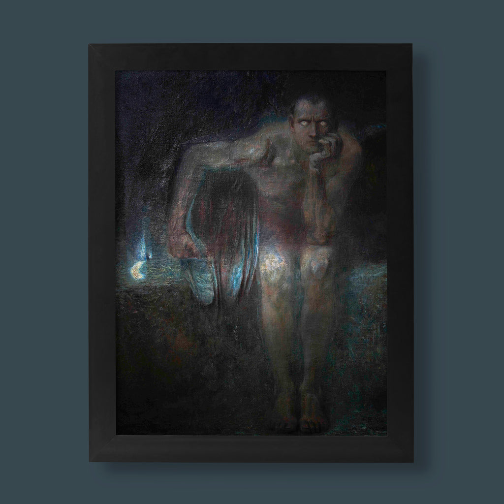 Franz von Stuck Lucifer fine art print showing fallen angel with luminous eyes against dark background, museum quality giclee wall art poster
