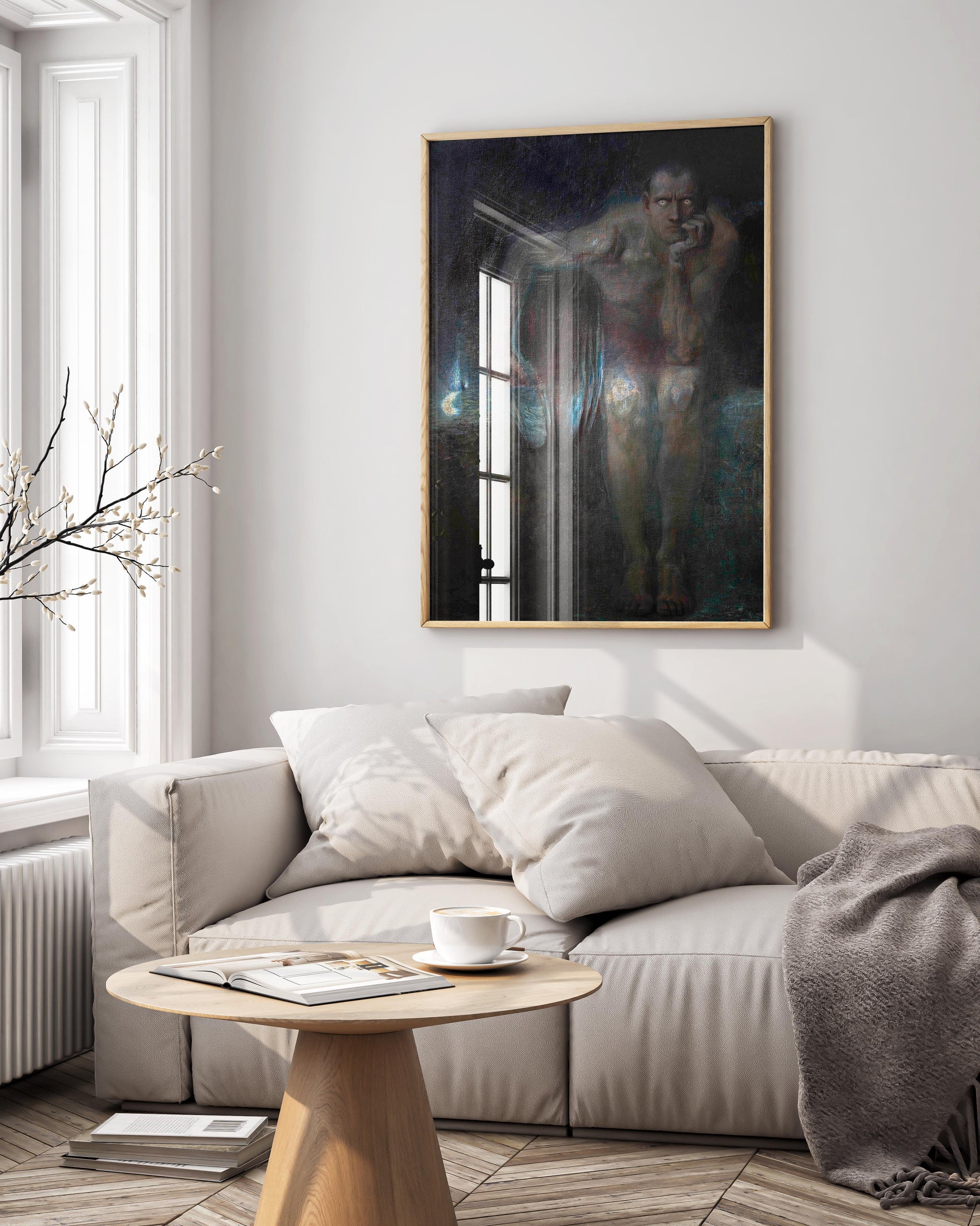 Franz von Stuck Lucifer fine art print displayed in elegant frame on gallery wall, symbolist fallen angel wall art in modern home interior