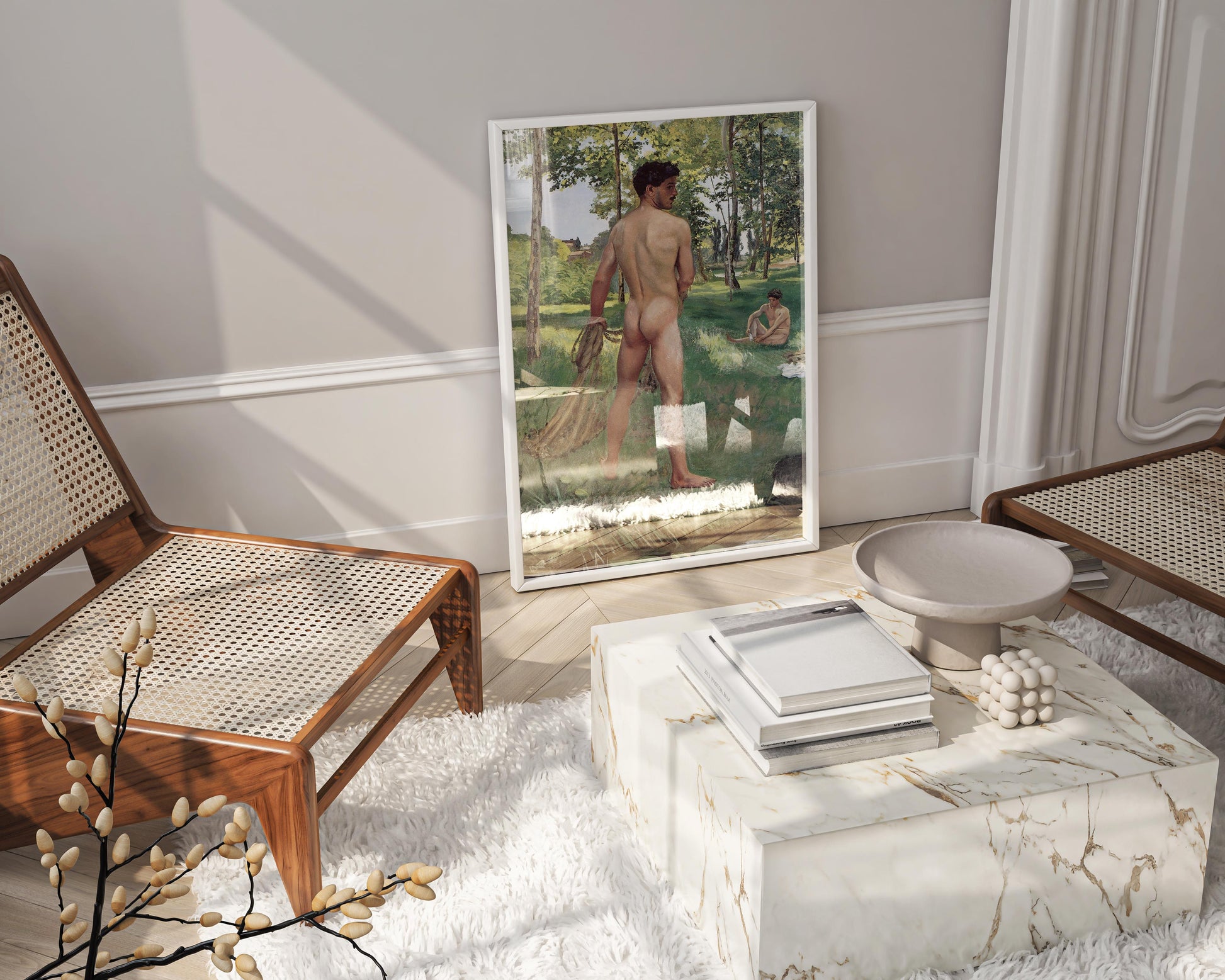 Luxury home decor featuring a large, framed "Fisherman with a Net" giclée print by Frédéric Bazille, perfect for adding a touch of classic fine art and Impressionist style to a sophisticated interior.
