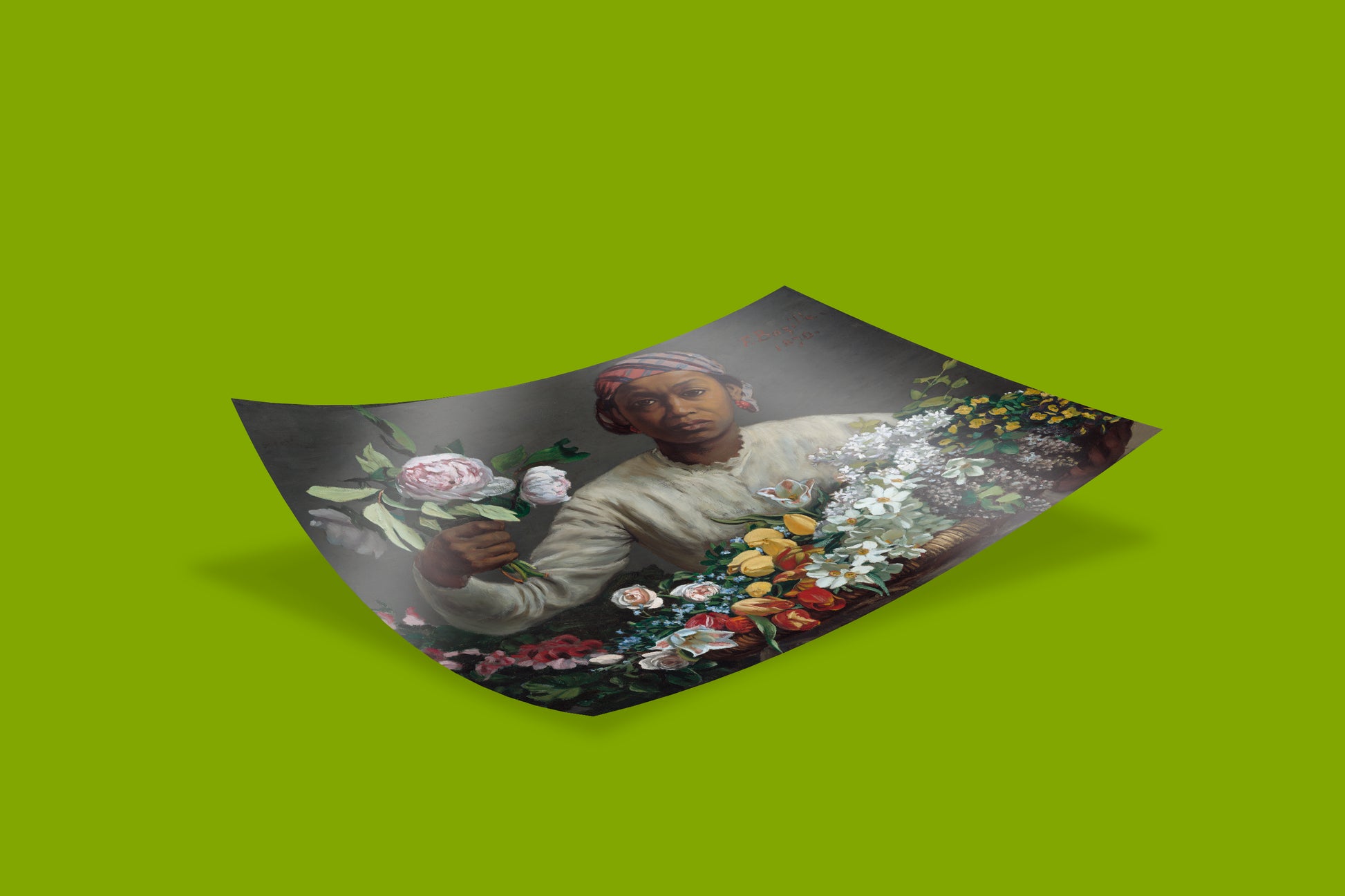 A high-definition giclée print of the famous 1870 painting Young Woman with Peonies by the French artist Frédéric Bazille.