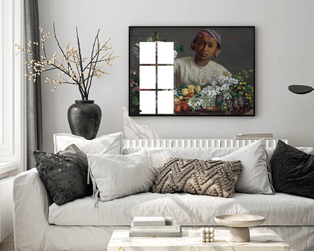 A framed print of Frédéric Bazille's Young Woman with Peonies hanging on a wall in a luxury living room with elegant furniture and sophisticated decor.