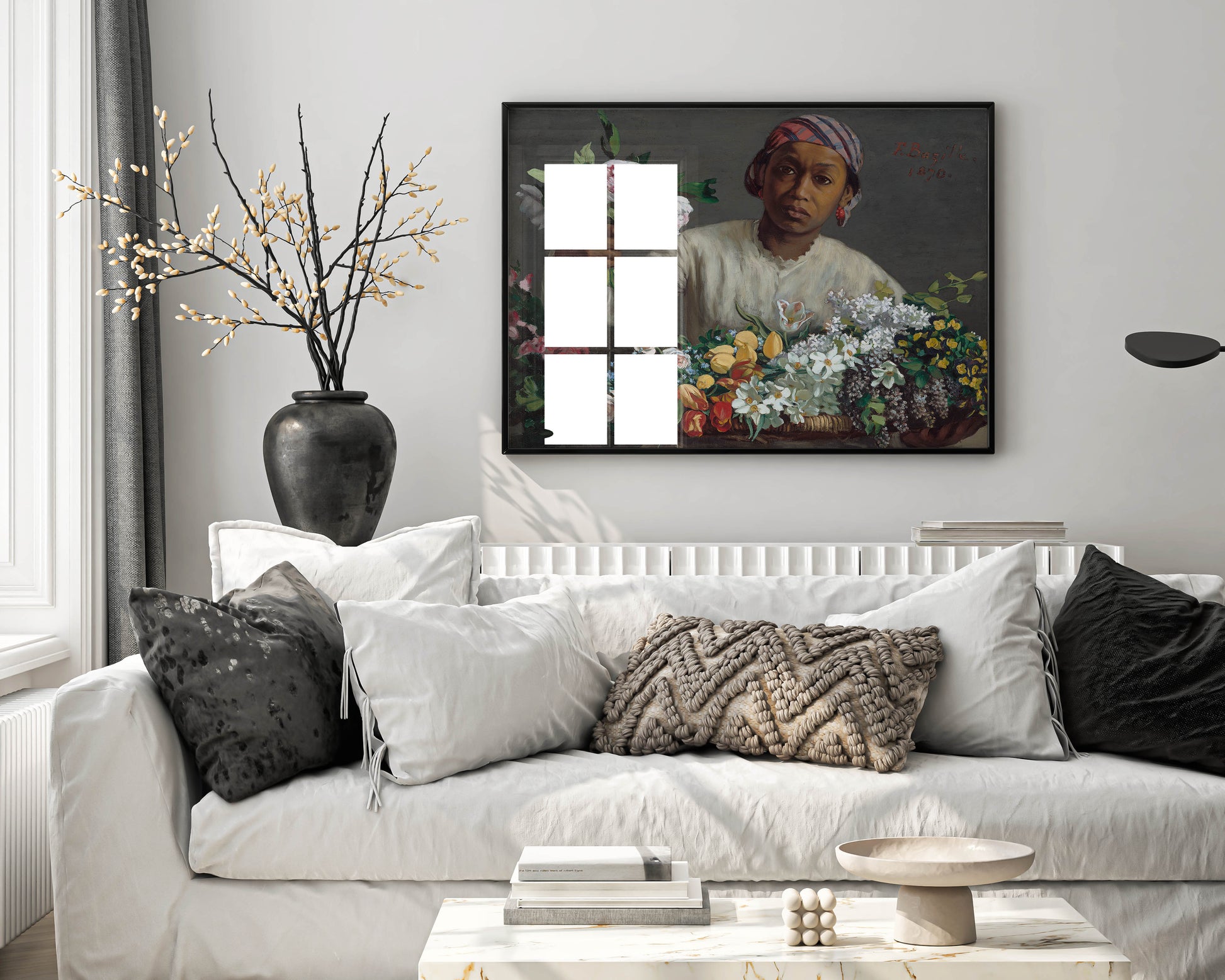 A framed print of Frédéric Bazille's Young Woman with Peonies hanging on a wall in a luxury living room with elegant furniture and sophisticated decor.