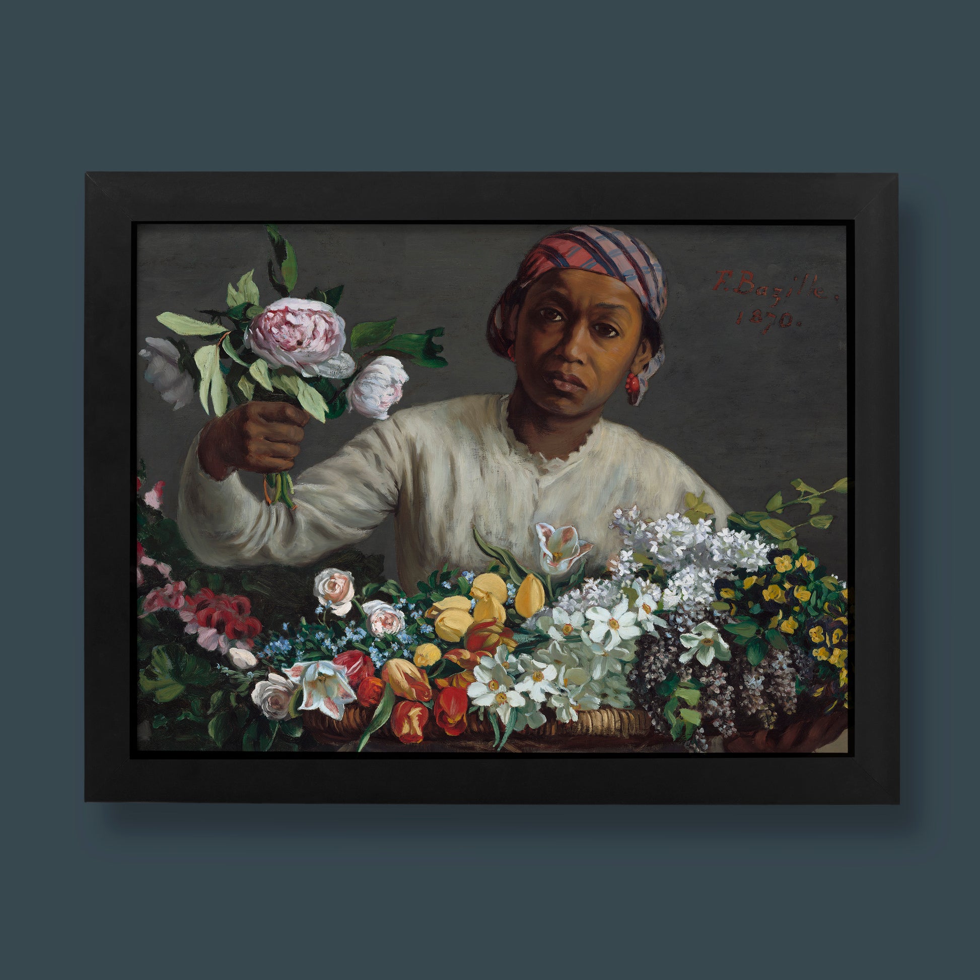 A high-quality giclée fine art print of Frédéric Bazille’s 1870 Impressionist painting, Young Woman with Peonies.