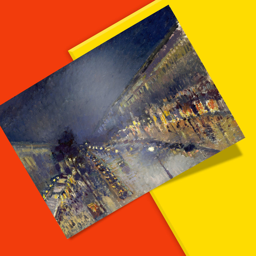 Pissarro Boulevard Montmartre night painting reproduction, classic impressionist wall art print featuring wet Paris streets and gas lamp reflections for art collectors