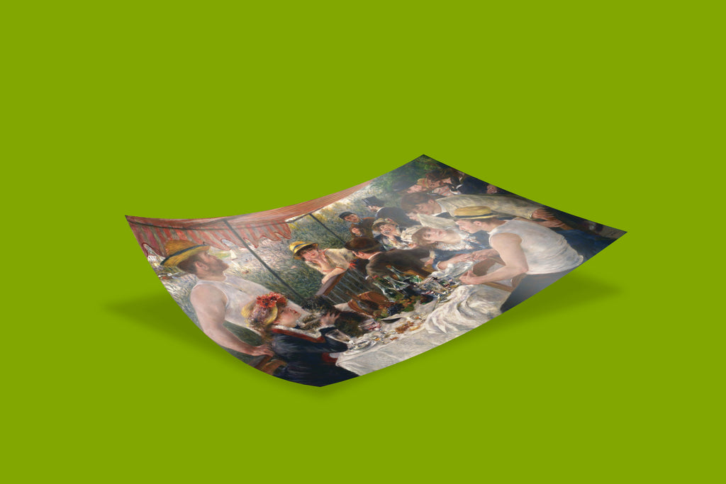 Renoir Impressionist art print Luncheon of the Boating Party showing elegant dining scene, luxury wall art perfect for living room and dining room interior design